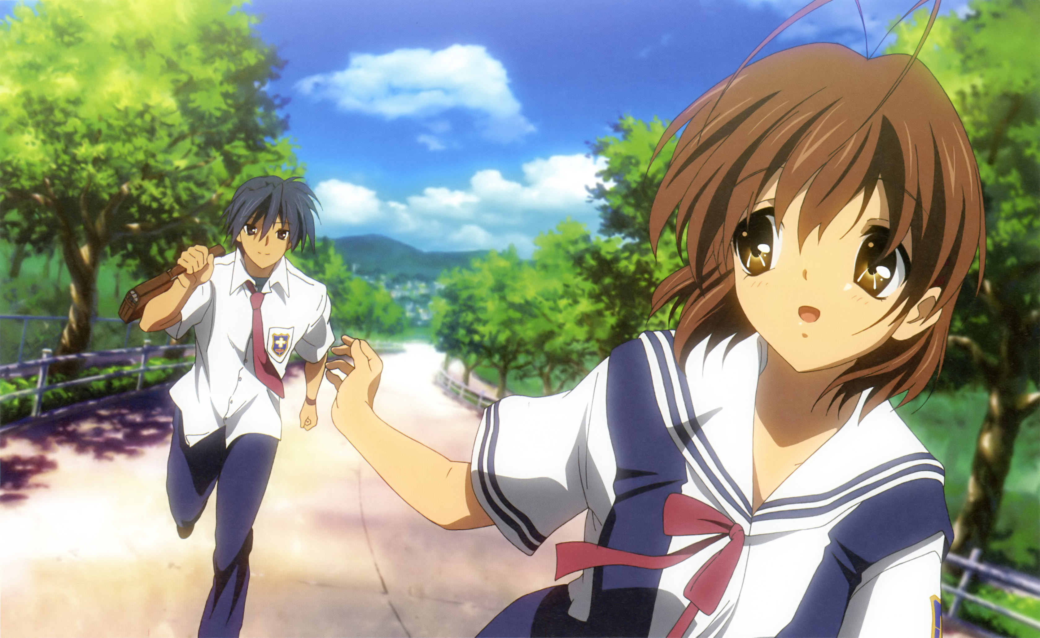 ikeda kazumi, furukawa nagisa, okazaki tomoya, clannad, absurdres, detexted, highres, official art, third-party edit, 00s, 1boy, 1girl, antenna hair, bag, blue eyes, blue hair, brown eyes, brown hair, cloud, day, dress shirt, emblem, holding, necktie, open mouth, outdoors, pants, path, ribbon, road, running, school bag, school uniform, serafuku, shirt, shoes, short hair, short sleeves, sky, standing, tree