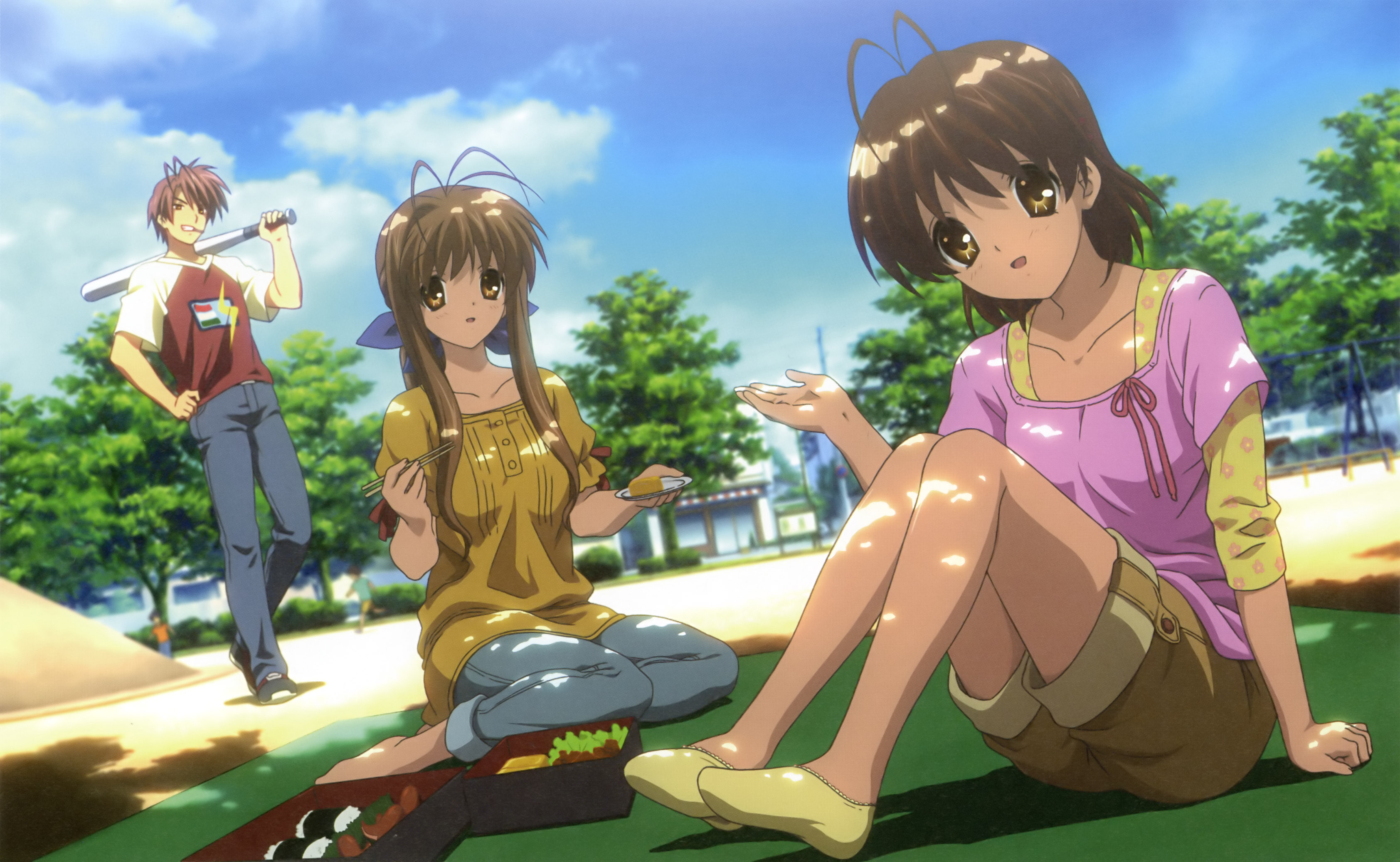 kadowaki miku, furukawa akio, furukawa nagisa, furukawa sanae, clannad, absurdres, highres, non-web source, official art, 00s, 1boy, 2girls, antenna hair, barefoot, baseball bat, bento, blurry, brown eyes, brown hair, casual, chopsticks, cloud, dappled sunlight, day, depth of field, dutch angle, family, feet, food, hand on own hip, hip focus, kneeling, long hair, mouth hold, multiple girls, outdoors, picnic, playground, shade, short hair, sitting, sky, sunlight