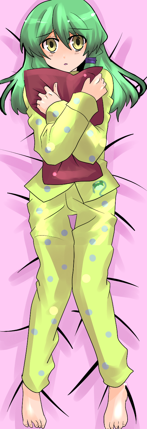 akatoro (nightlord), toro (pixiv), kochiya sanae, touhou, highres, 1girl, barefoot, dakimakura (medium), feet, female focus, green hair, hugging object, lying, pajamas, pillow, pillow hug, short hair, solo, yellow eyes