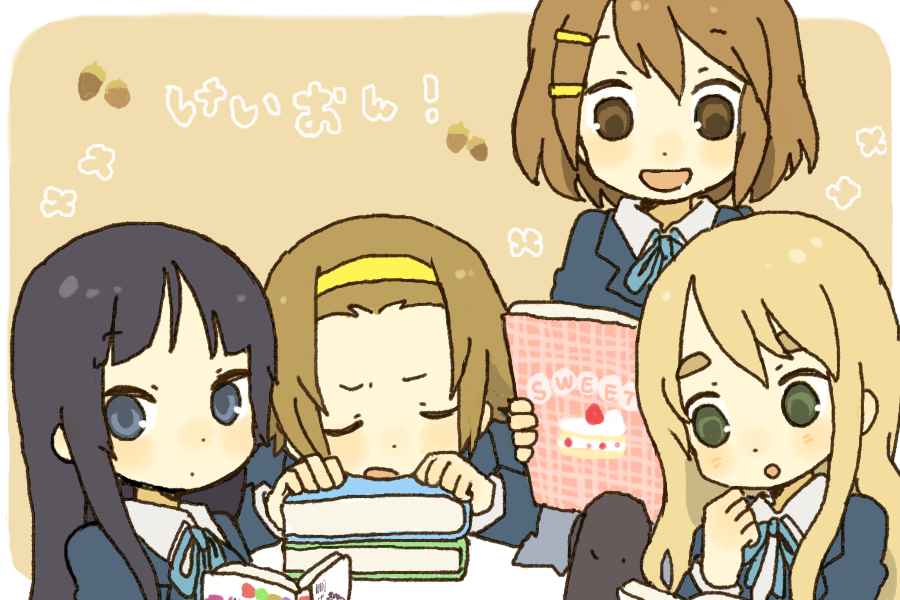 yukke, akiyama mio, hirasawa yui, kotobuki tsumugi, tainaka ritsu, k-on!, 00s, 4girls, :o, black hair, blonde hair, blue eyes, blush, book, brown eyes, brown hair, green eyes, hair ornament, hairband, hairclip, happy, ho-kago tea time, long hair, multiple girls, pantyhose, school uniform, short hair