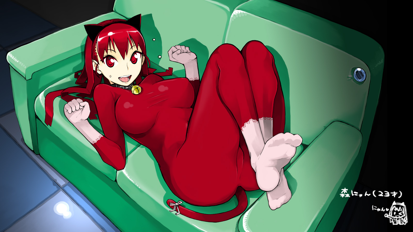 takayama toshinori, mori hikiko, original, bad id, bad pixiv id, highres, 1girl, animal costume, animal ears, ass, bell, bodysuit, breasts, cat costume, collar, couch, feet, female focus, gloves, large breasts, long hair, lying, neck bell, paw pose, red eyes, red hair, socks, solo, tail
