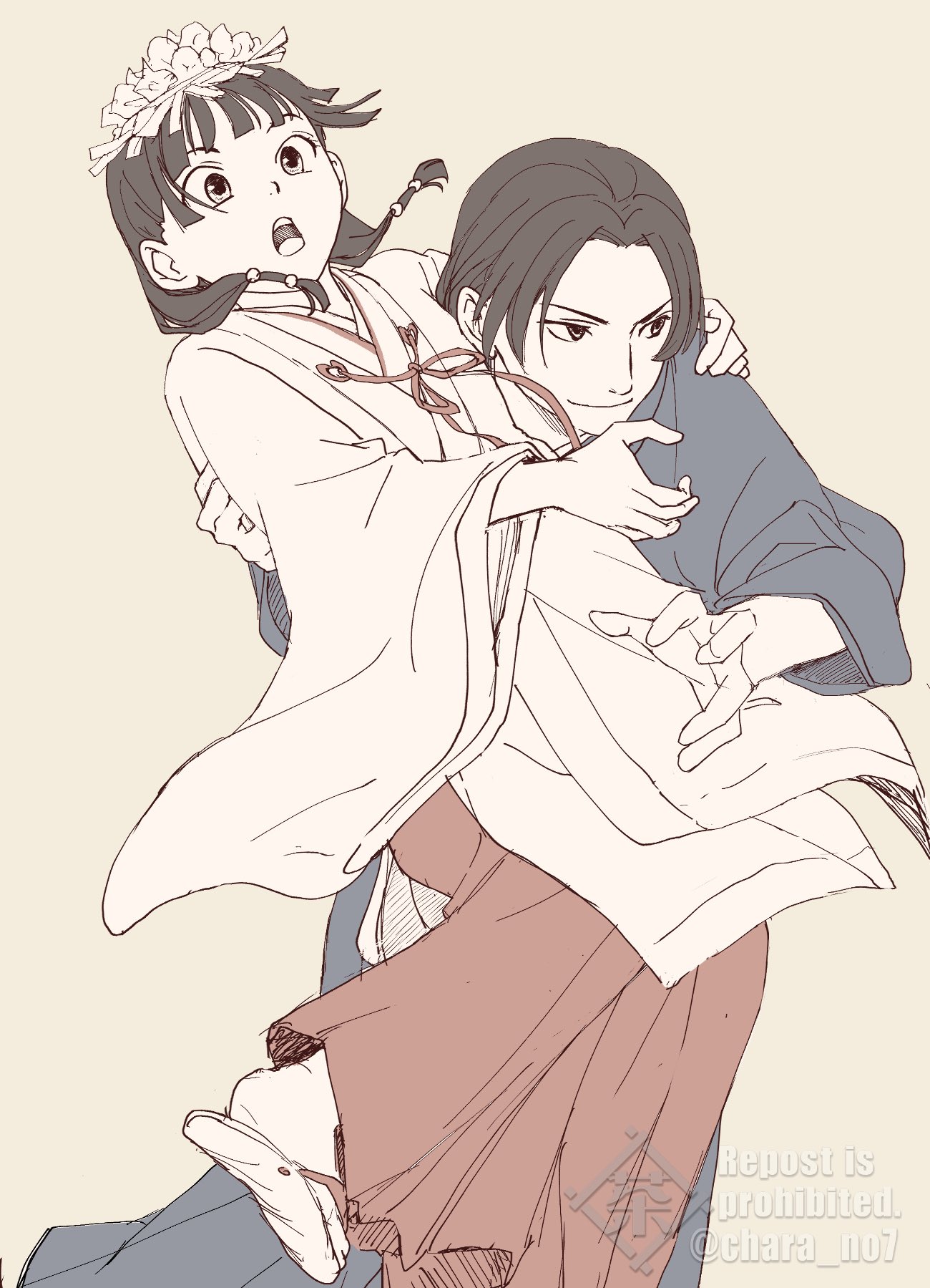 jinshi (kusuriya no hitorigoto), maomao (kusuriya no hitorigoto), kusuriya no hitorigoto, commentary request, highres, 1boy, 1girl, anal beads, arm around back, arm around shoulder, blunt bangs, chara no7, closed mouth, contemporary, grey background, japanese clothes, light smile, long hair, miko, open mouth, parted bangs, red skirt, sandals, sex toy, shirt, sketch, skirt, twitter username, white shirt, wide-eyed