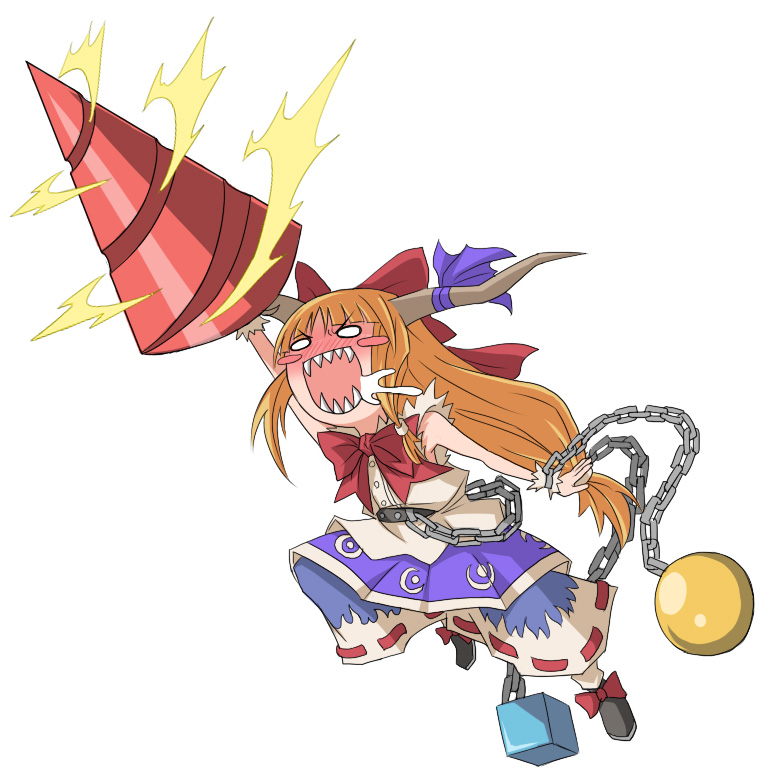 n (ruff), ibuki suika, touhou, 1girl, blush, chain, drill, female focus, full body, horns, long hair, orange hair, saliva, simple background, solo, teeth, white background