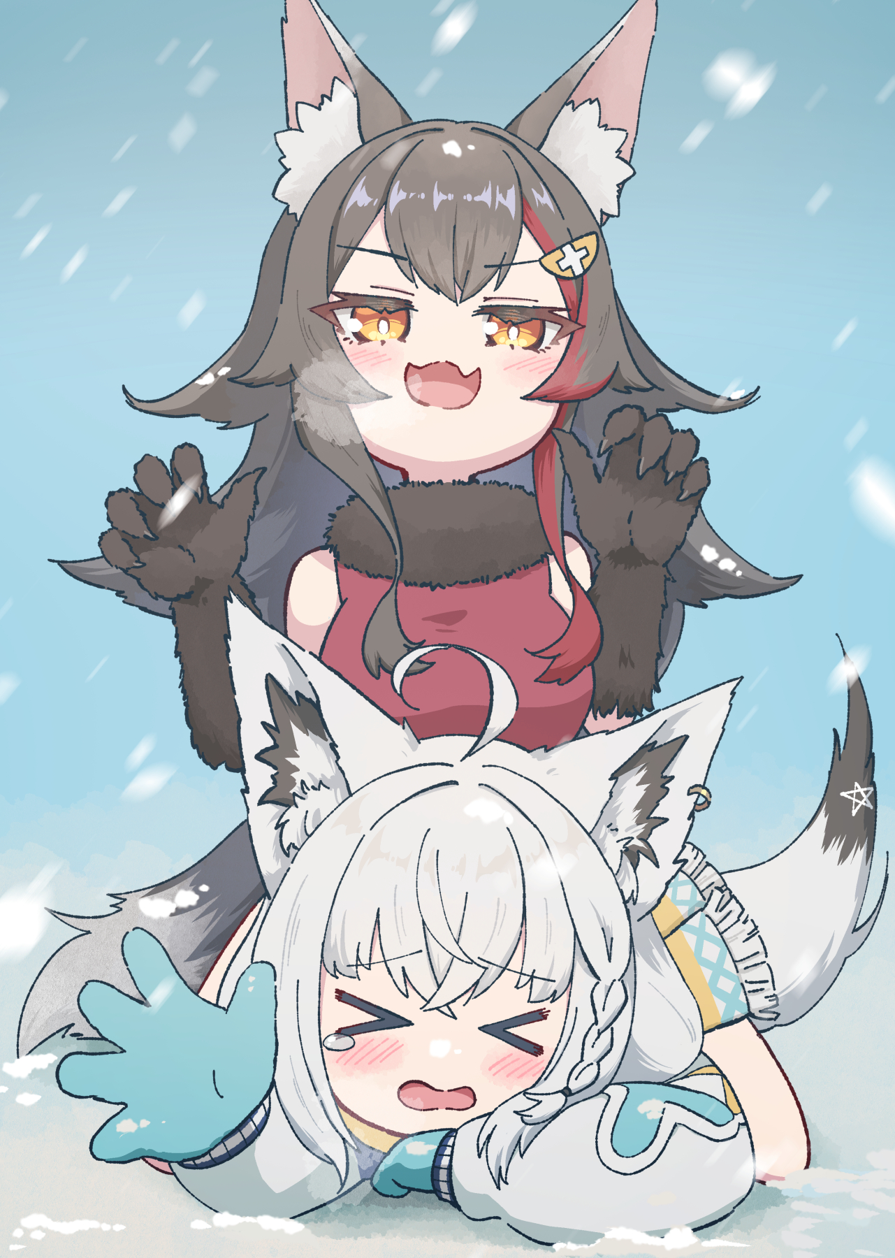 mia960, ookami mio, shirakami fubuki, hololive, commentary request, highres, > <, 2girls, ahoge, alternate costume, animal ear fluff, animal ear piercing, animal ears, black hair, blue gloves, blush, bright pupils, claw pose, claws, coat, double-parted bangs, fang, fox ears, fox girl, fox tail, fur collar, fur gloves, gloves, lying, multicolored hair, multiple girls, on stomach, open hand, open mouth, outdoors, outstretched arm, red shirt, red streaks, shirt, sitting, sitting on person, skin fang, sleeveless, sleeveless shirt, smile, snow, snowing, streaked hair, tail, tears, virtual youtuber, white coat, white pupils, wolf ears, wolf girl, yellow eyes