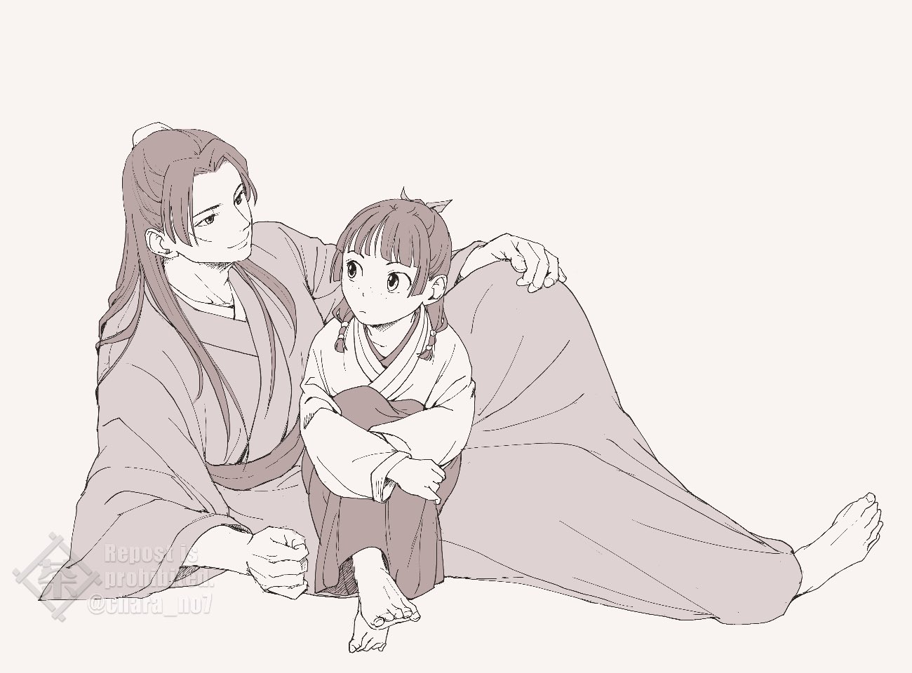 jinshi (kusuriya no hitorigoto), maomao (kusuriya no hitorigoto), kusuriya no hitorigoto, commentary request, 1boy, 1girl, barefoot, beads, blunt bangs, bun cover, chara no7, facial scar, freckles, full body, hair bun, hair ribbon, half updo, hand on own knee, hugging own legs, long hair, looking at another, parted bangs, reclining, ribbon, scar, scar on cheek, scar on face, sepia, sitting, twitter username