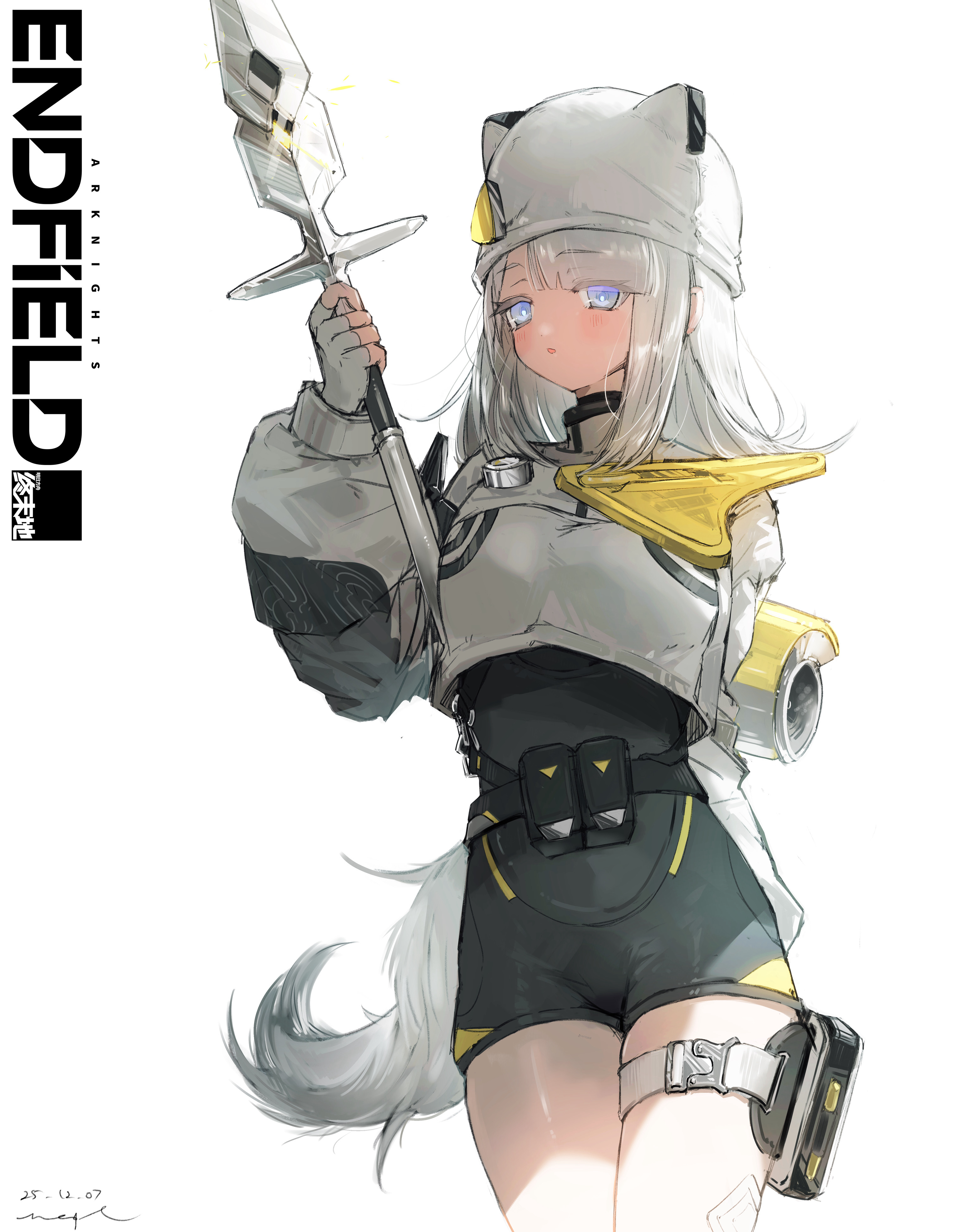 pppmepl, estella (arknights), arknights, arknights: endfield, lucky star, absurdres, commentary, highres, 1girl, animal ear headwear, asymmetrical bangs, black shorts, blush, breasts, copyright name, crop top, ear piercing, extra ears, fake animal ears, fingerless gloves, gloves, hat, high-waist shorts, holding, holding polearm, holding weapon, lance, long hair, long sleeves, medium breasts, parted lips, piercing, polearm, pouch, shorts, simple background, solo, tail, thigh pouch, thigh strap, weapon, white background, white gloves, white hair, white hat