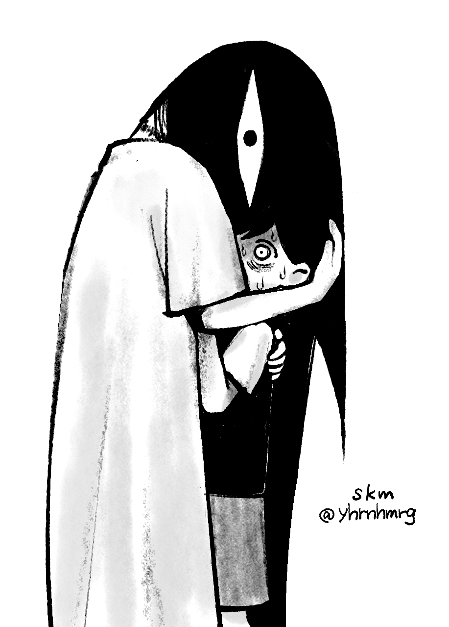 4kkrbk, hellmari (omori), something (omori), omori, commentary request, highres, spoilers, 1boy, 1girl, dress, greyscale, hug, looking at another, monochrome, short sleeves, shorts, simple background, sweat, sweater vest