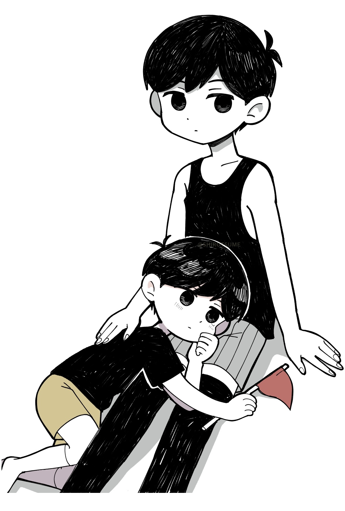 shirotsume 143, omori (omori), sunny (omori), omori, commentary request, highres, 2boys, age switch, aged down, aged up, alternate color, alternate costume, antenna hair, black eyes, black hair, black shirt, black tank top, black thighhighs, blush, brown shorts, closed mouth, collarbone, colored skin, double-parted bangs, dual persona, flag, grey shorts, hair between eyes, hand on another's back, holding, holding flag, looking at viewer, lying, male focus, multiple boys, on side, shirt, short hair, shorts, simple background, sitting, socks, t-shirt, tank top, thighhighs, white background, white skin, white socks