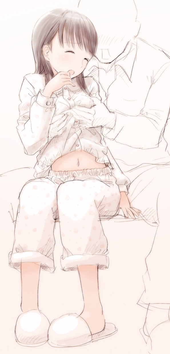 kokudou juunigou, bad id, highres, md5 mismatch, 1girl, blush, breasts, brown hair, closed eyes, grabbing another's breast, groping, loli, midriff, pajamas, sketch, slippers, small breasts, solo focus