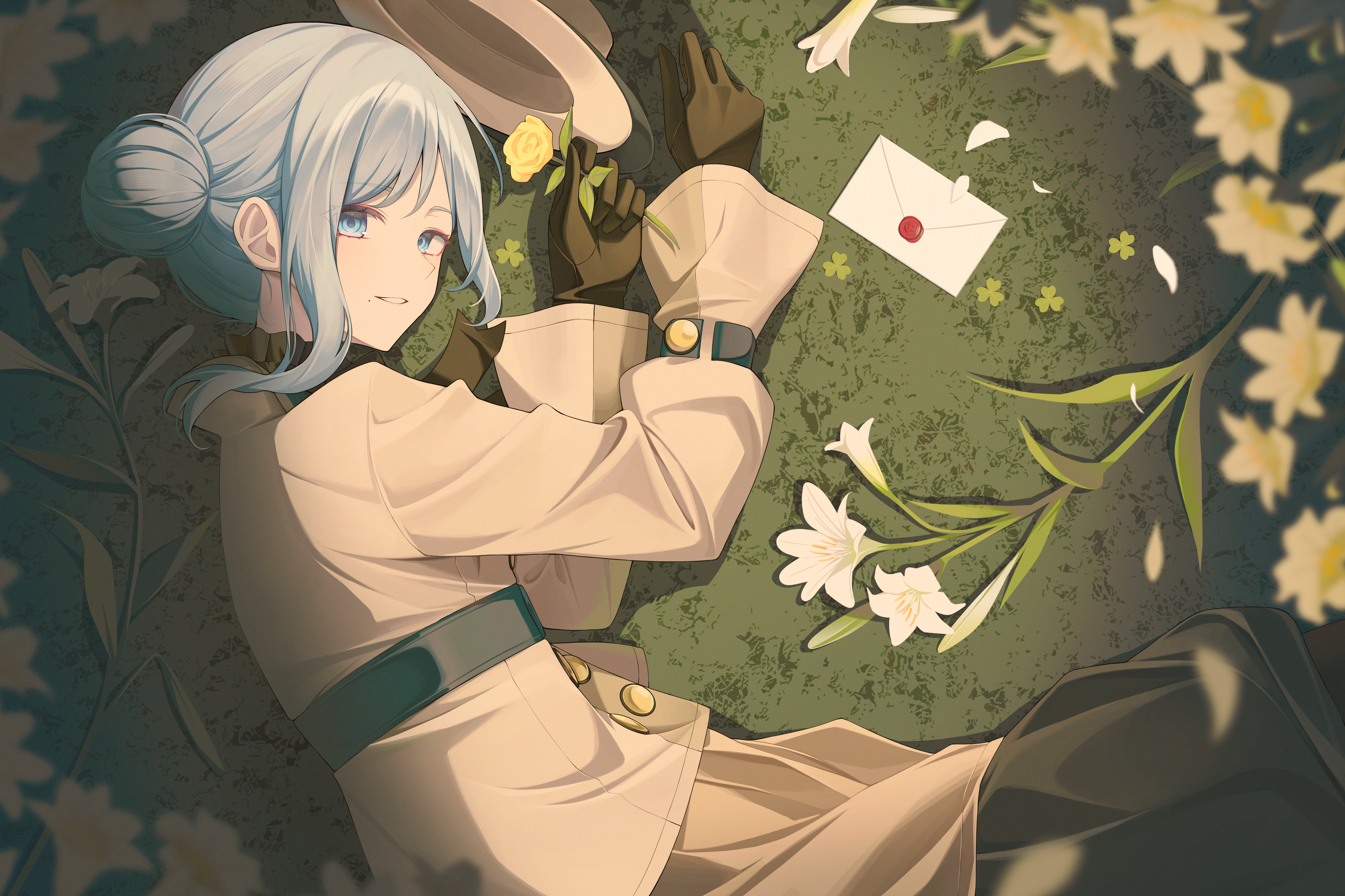 sora (men0105), hinomori shizuku, project sekai, absurdres, commentary request, highres, 1girl, black gloves, black necktie, black skirt, blue eyes, blue hair, brown hat, brown jacket, brown skirt, buttons, clover, double-breasted, envelope, fedora, flower, from above, gloves, hair bun, hat, holding, holding flower, jacket, layered skirt, lily (flower), long sleeves, looking at viewer, looking up, lying, necktie, official alternate costume, official alternate hairstyle, on grass, on side, parted lips, petals, rose, short hair, single hair bun, skirt, smile, solo, sono te michibiku nukumori wa (project sekai), unworn hat, unworn headwear, yellow flower, yellow rose