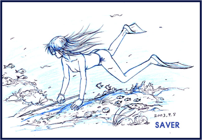 saver (artist), diving, fins, fish, freediving, fundoshi, goggles, holding breath, japanese clothes, monochrome, ocean, polearm, spear, swimming, topfreedom, topless female, underwater, water, weapon