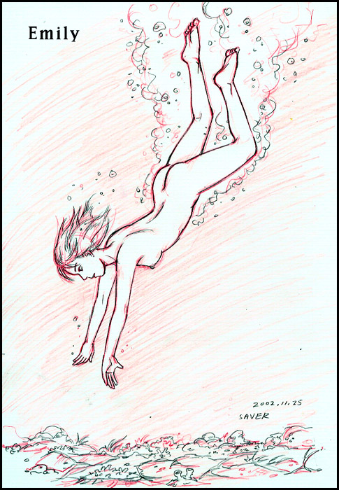 saver (artist), traditional media, barefoot, bubble, dated, diving, feet, freediving, holding breath, limited palette, monochrome, nude, nudist, ocean, signature, skinny dipping, swimming, underwater, water, zenra