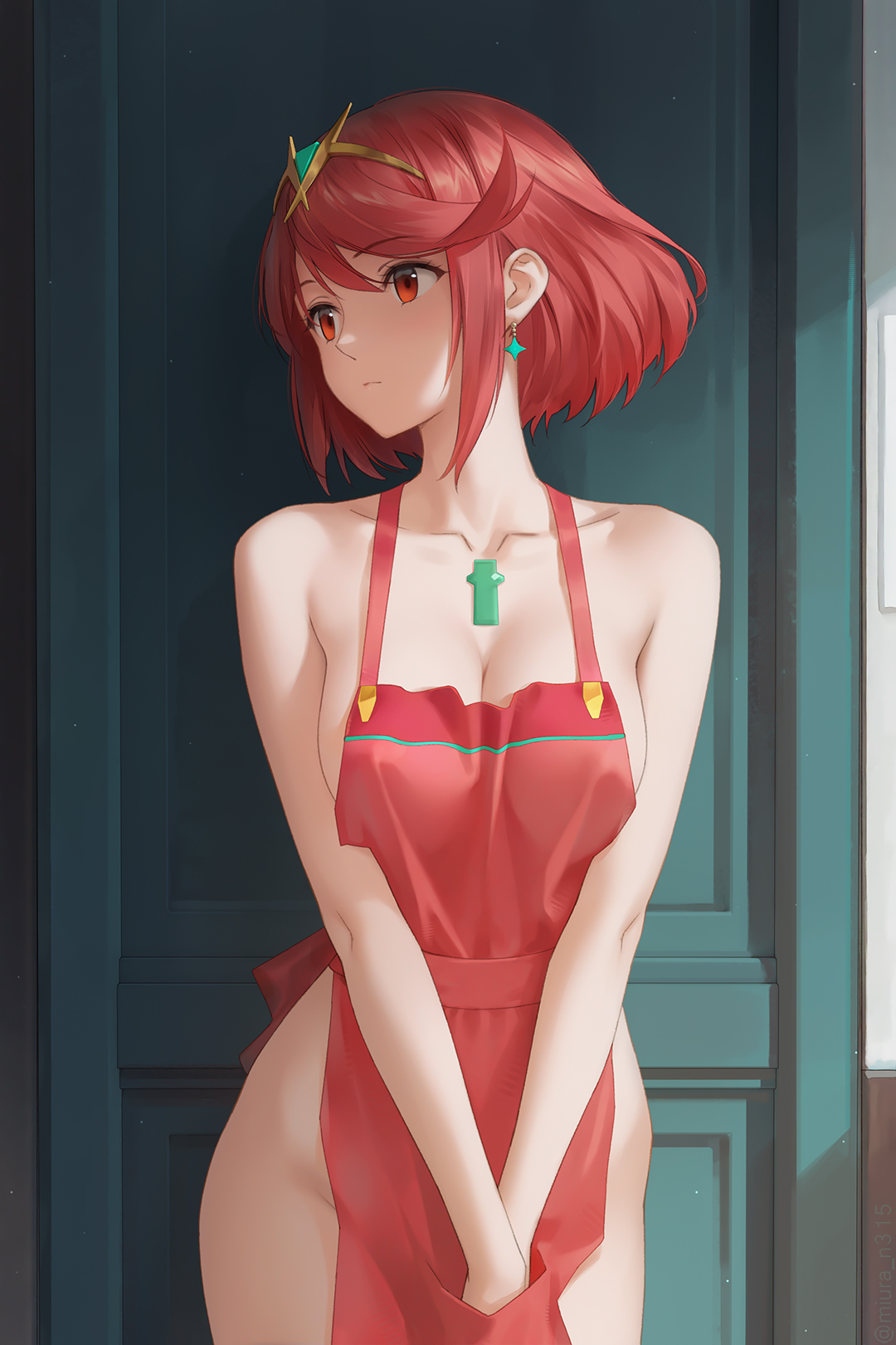 miura-n315, pyra (xenoblade), xenoblade chronicles (series), xenoblade chronicles 2, commentary, highres, 1girl, apron, breasts, chest jewel, cleavage, collarbone, covered erect nipples, earrings, jewelry, large breasts, looking to the side, naked apron, own hands together, red apron, red eyes, red hair, short hair, solo, swept bangs, thighs, tiara