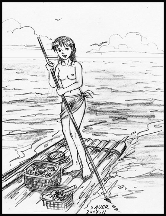 saver (artist), barefoot, feet, greyscale, monochrome, ocean, raft, sarong, solo, topless female, water