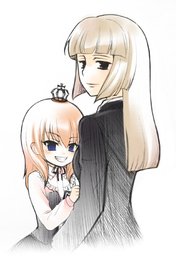 suzunoya, ushiromiya maria, ushiromiya rosa, umineko no naku koro ni, 00s, 2girls, age difference, black eyes, blue eyes, blunt bangs, brown hair, crown, hime cut, mother and daughter, multiple girls, orange hair