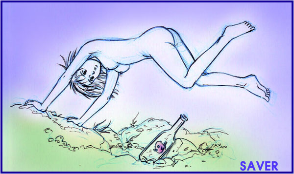 saver (artist), 1girl, ass, barefoot, bottle, breasts, diving, feet, female focus, fish, freediving, full body, holding breath, nipples, nude, nudist, ocean, skinny dipping, soles, solo, swimming, toes, underwater, water, zenra