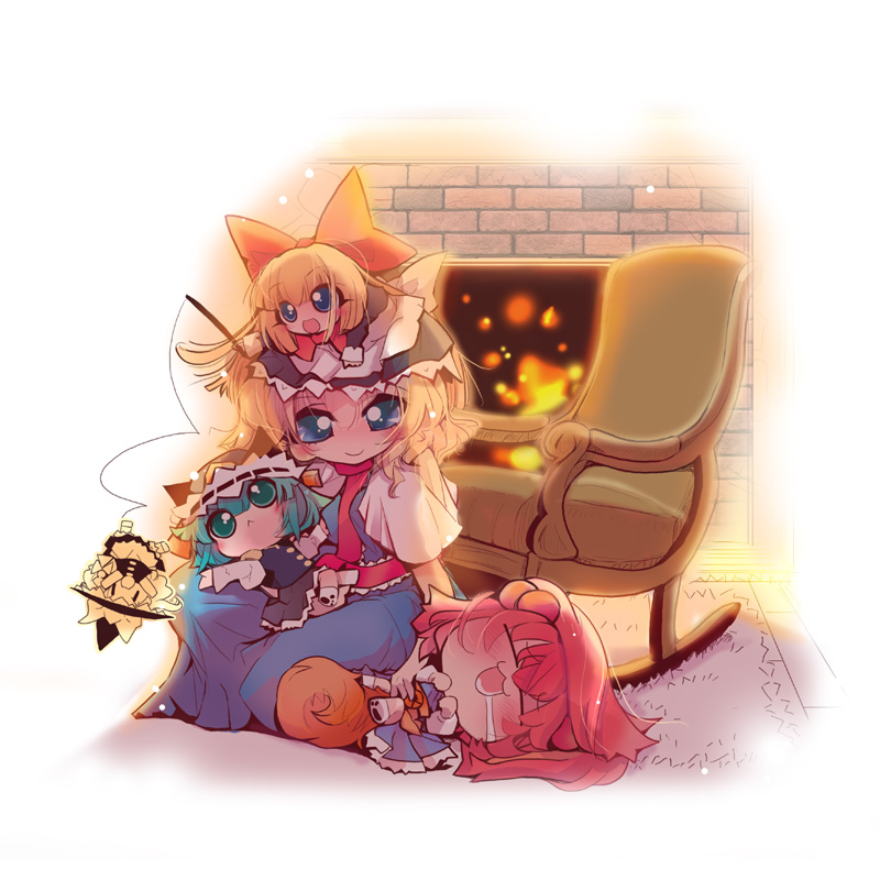 usoneko, alice margatroid, kirisame marisa, onozuka komachi, shanghai doll, shiki eiki, touhou, bad id, bad pixiv id, 5girls, :<, :3, animal ears, blonde hair, blue eyes, braid, chair, chibi, doll, female focus, fireplace, green eyes, green hair, hat, kemonomimi mode, multiple girls, red hair, rocking chair, short hair, sleeping, tail, twintails, two side up, witch, witch hat