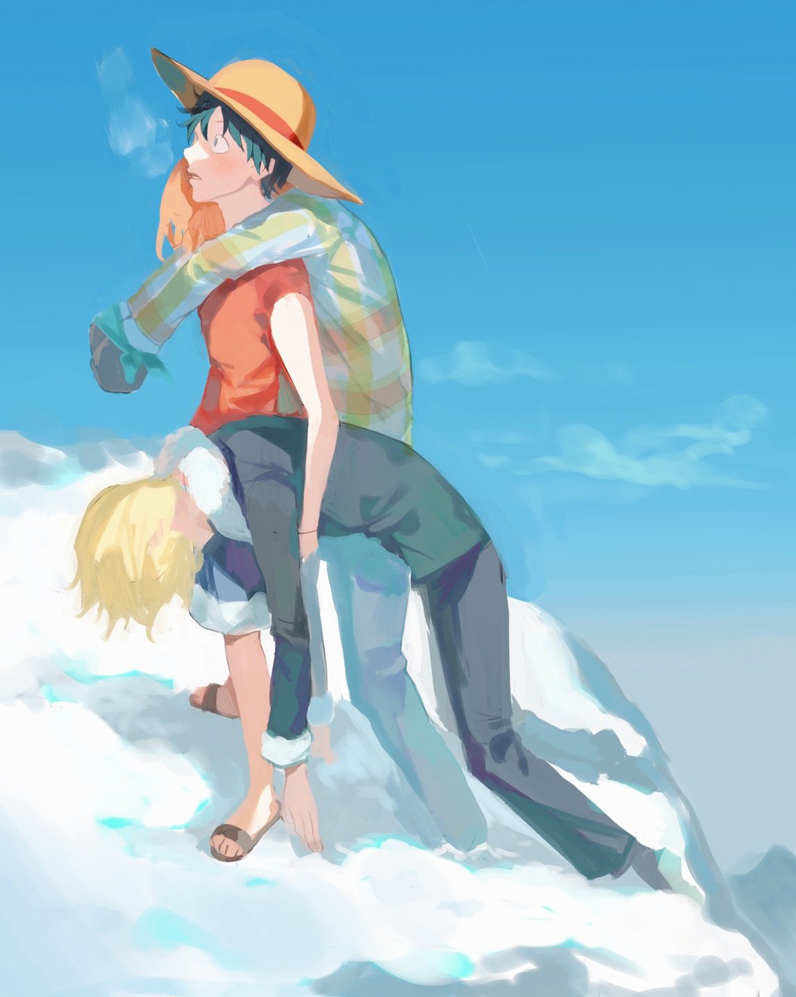 hhyy090, monkey d. luffy, nami (one piece), sanji (one piece), one piece, commentary, english commentary, highres, 1girl, 2boys, black hair, black jacket, black pants, blonde hair, blue shorts, blue sky, breath, brown gloves, carrying, carrying person, carrying under arm, coat, from side, full body, fur-trimmed jacket, fur-trimmed shorts, fur trim, gloves, hat, jacket, mountain, multiple boys, open mouth, orange hair, outdoors, pants, piggyback, profile, red shirt, sandals, shirt, short hair, shorts, sky, snow, standing, straw hat, unconscious