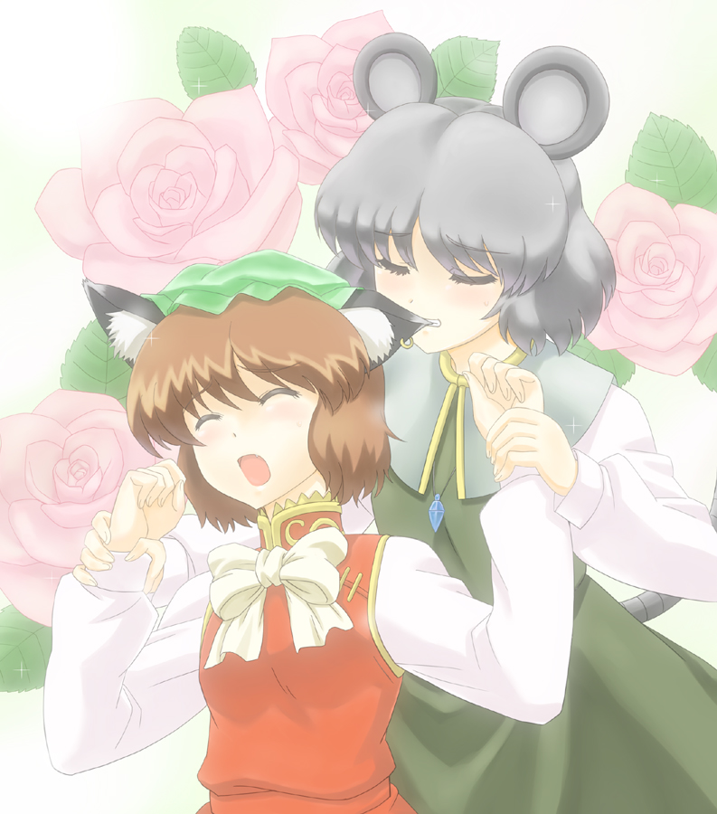 satsuki hare shin, satsuki harunobu, chen, nazrin, touhou, biting ear, 2girls, animal ears, biting, bow, brown hair, cat ears, cat girl, cat tail, eargasm, earrings, fang, female focus, flower, grey hair, hat, jewelry, mouse ears, mouse tail, multiple girls, pendant, short hair, tail, uncommon stimulation