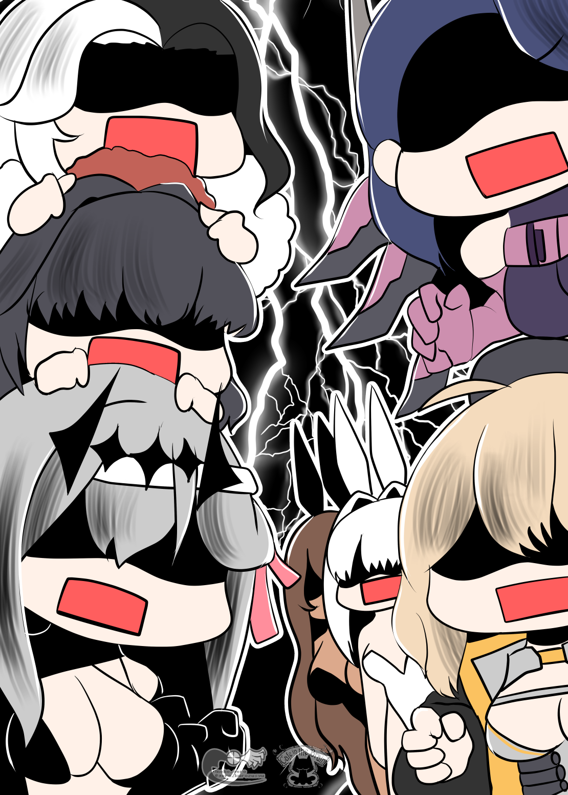 guero nuko, anis (nikke), blanc (nikke), isabel (nikke), modernia (nikke), noir (nikke), rosanna (nikke), sakura (nikke), goddess of victory: nikke, commentary request, highres, 6+girls, ahoge, animal ears, artist logo, bare shoulders, black gloves, black hair, black leotard, breasts, brown hair, cleavage, dark-skinned female, dark skin, elbow gloves, fake animal ears, flower, gloves, grey hair, hair flower, hair ornament, hair ribbon, hat, jacket, large breasts, leotard, lightning background, logo, long hair, looking at viewer, love triangle, multicolored hair, multiple girls, open mouth, playboy bunny, purple hair, rabbit ears, rectangular mouth, ribbon, shaded face, short hair, split-color hair, surprised, two-tone hair, very long hair, white hair, white leotard