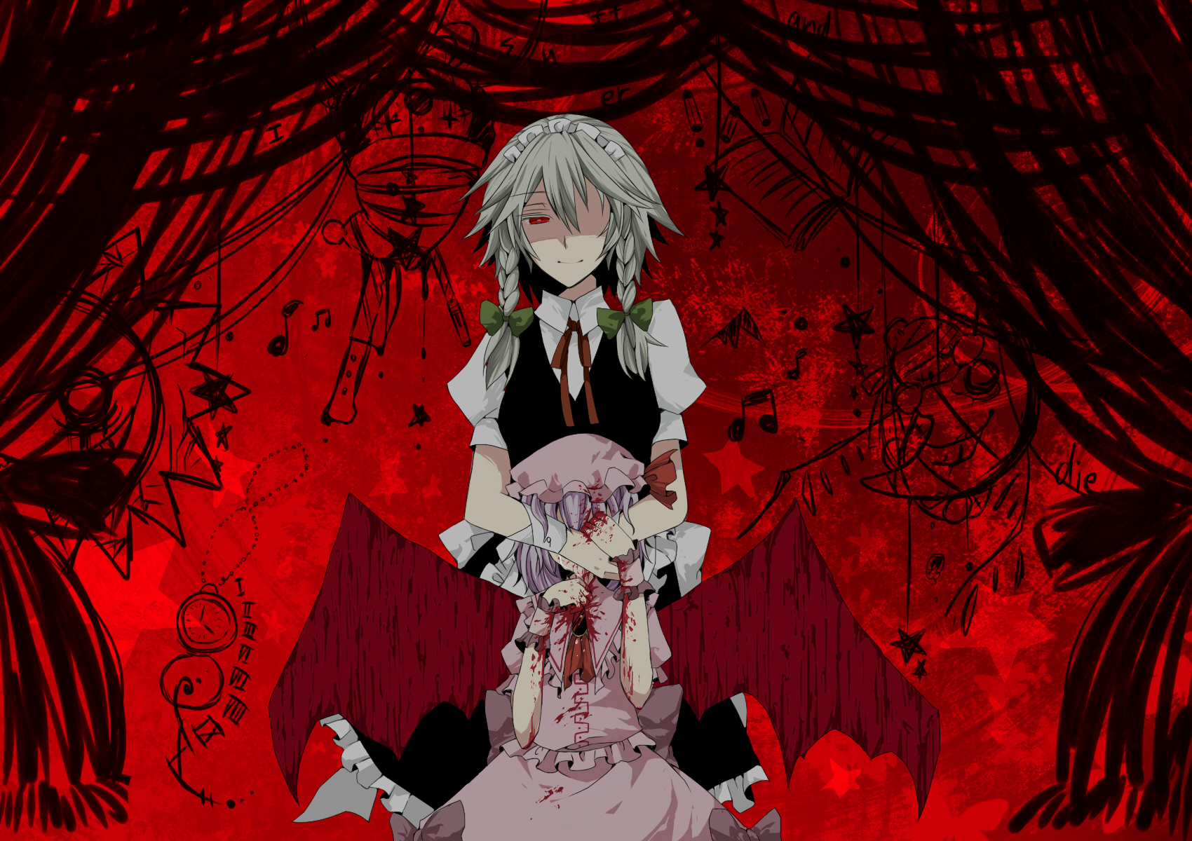 fujisaki miyabi, flandre scarlet, izayoi sakuya, remilia scarlet, touhou, light purple hair, silver hair, bad id, bad pixiv id, highres, 3girls, ascot, bat wings, blood, book, bow, braid, crying, curtains, female focus, hat, height difference, hug, hug from behind, knife, maid, maid headdress, moon, multiple girls, one-eyed, pocket watch, red eyes, ribbon, roman numeral, short hair, smile, star (symbol), sun, tears, twin braids, watch, wings, wrist cuffs