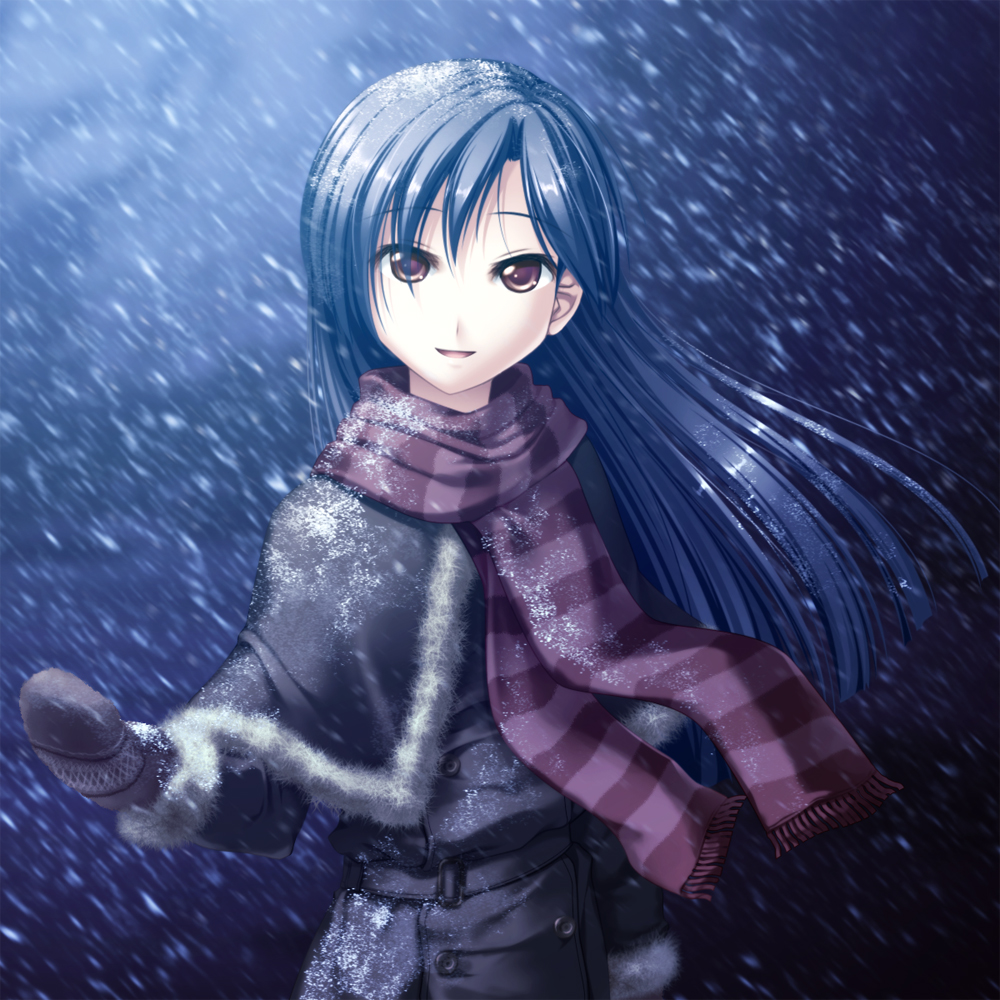 totokichi, kisaragi chihaya, idolmaster, idolmaster (classic), bad id, bad pixiv id, 00s, 1girl, blue hair, brown eyes, capelet, coat, female focus, fur trim, long hair, mittens, outstretched hand, scarf, smile, snow, snowing, solo, wind