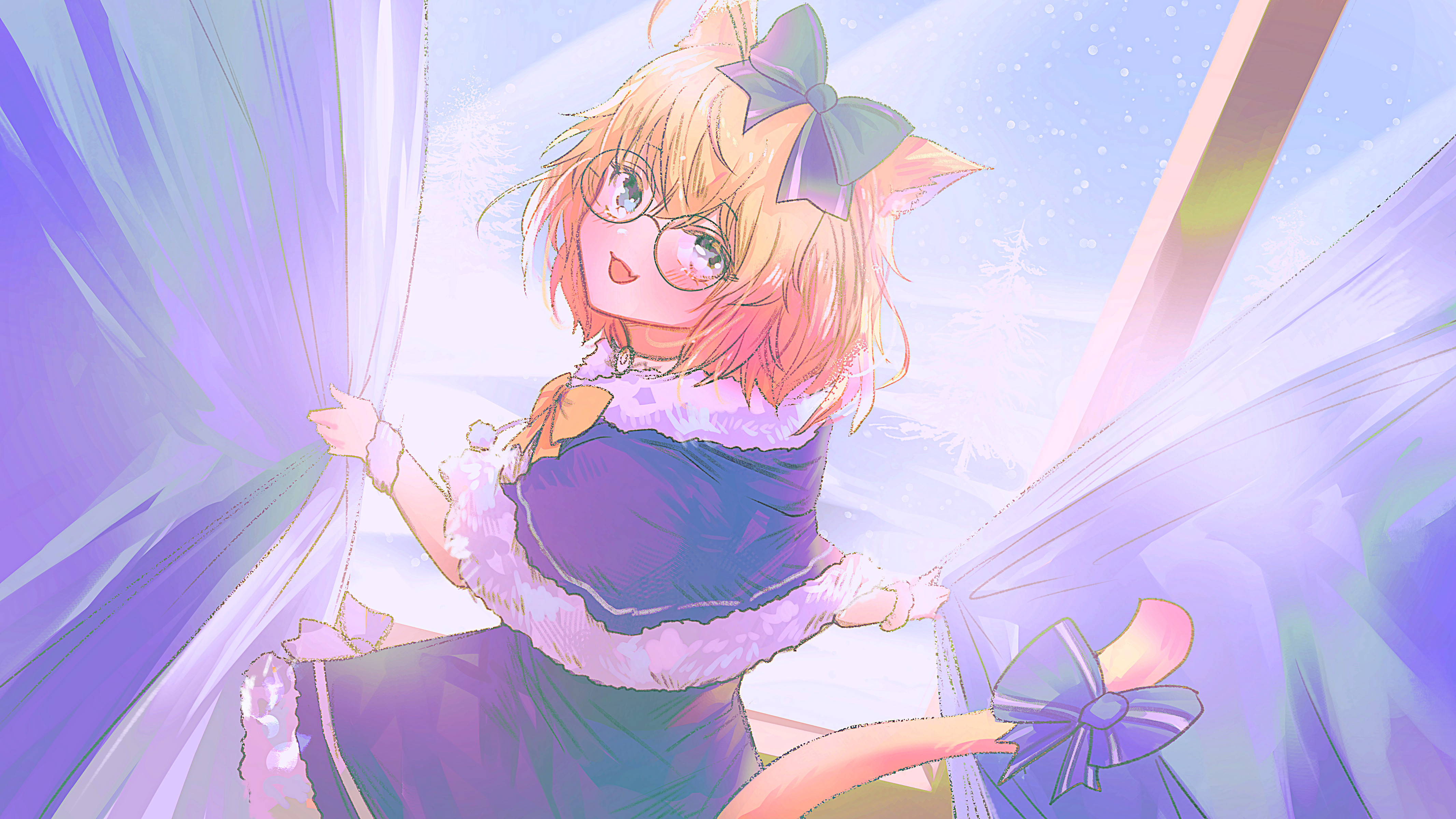 miyukiko, minikomew, indie virtual youtuber, absurdres, commentary, english commentary, highres, third-party source, 1girl, animal ear fluff, animal ears, blonde hair, blue bow, blue capelet, blue dress, blue sky, blush, bow, capelet, cat ears, cat girl, cat tail, curtain grab, curtains, day, dress, eyelashes, fang, fur-trimmed capelet, fur-trimmed dress, fur trim, glasses, hair bow, looking at viewer, looking back, open mouth, pom pom (clothes), round eyewear, scrunchie, short hair, skin fang, sky, smile, solo, tail, tail bow, tail ornament, virtual youtuber, wrist scrunchie, yellow bow
