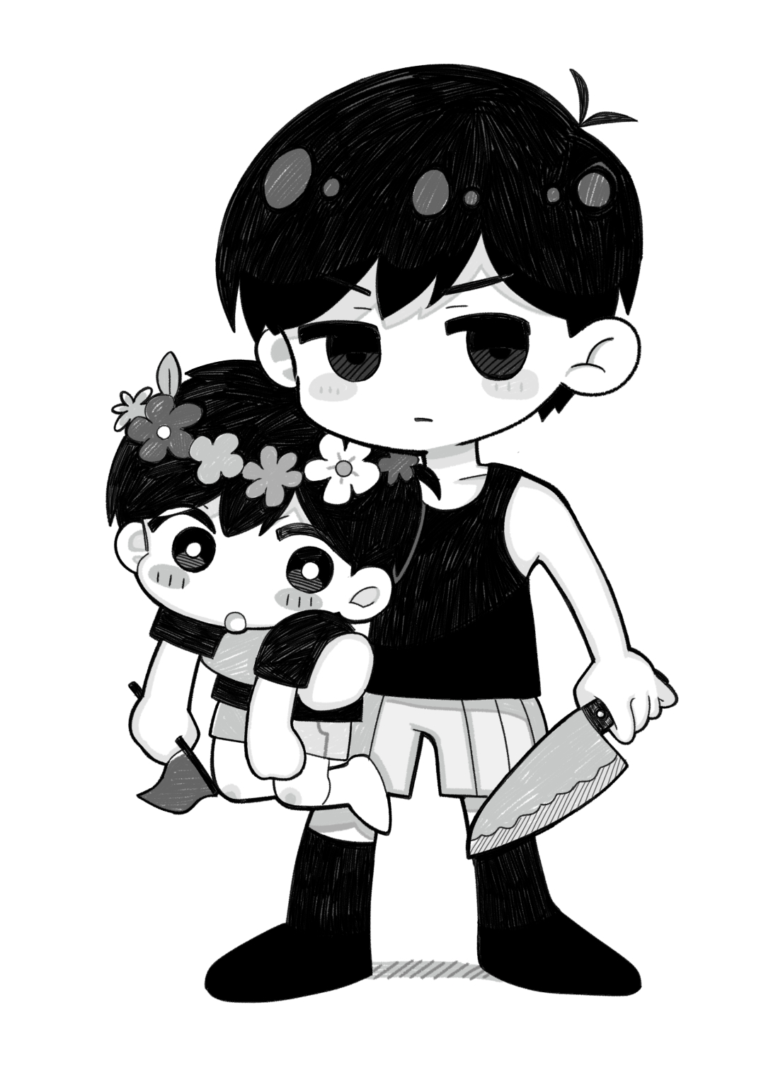 shirotsume 143, omori (omori), sunny (omori), omori, commentary request, highres, 2boys, age switch, aged down, aged up, antenna hair, blush, closed mouth, collarbone, double-parted bangs, dual persona, expressionless, flag, greyscale, hair between eyes, holding, holding flag, kneehighs, looking at viewer, male focus, monochrome, multiple boys, open mouth, shirt, short hair, shorts, size difference, socks, striped clothes, striped shorts, t-shirt, tank top, vertical-striped clothes, vertical-striped shorts