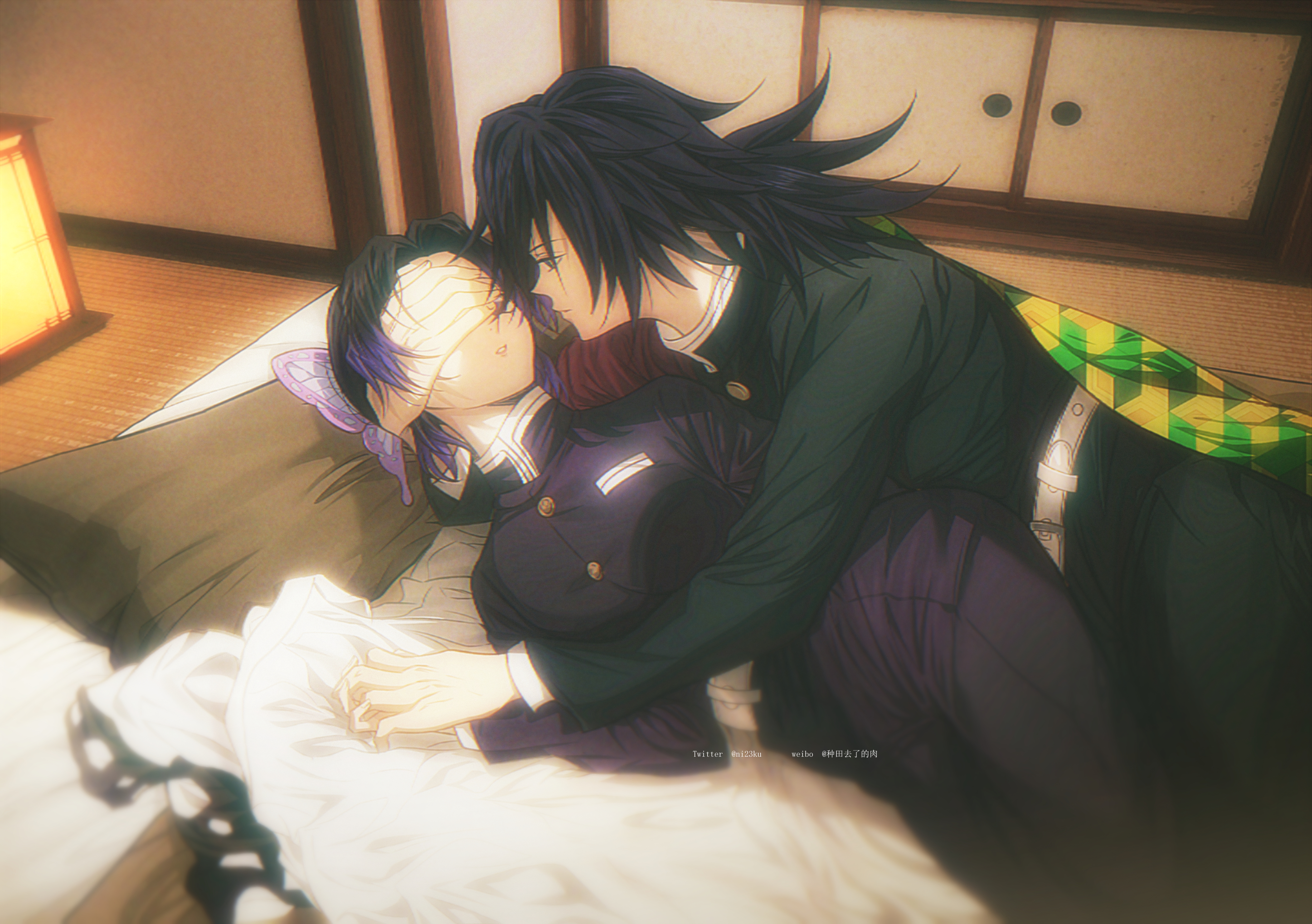 niku (ni23ku), kochou shinobu, tomioka giyuu, kimetsu no yaiba, highres, 1boy, 1girl, black hair, black jacket, black pants, butterfly hair ornament, demon slayer uniform, fingernails, hair ornament, haori, hetero, holding hands, indoors, jacket, japanese clothes, long hair, low twintails, multicolored hair, pants, parted lips, print haori, profile, purple hair, spiked hair, teeth, twintails, two-tone hair