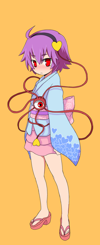 n (ruff), komeiji satori, touhou, 1girl, blush, clog sandals, female focus, full body, gap (touhou), hairband, heart, japanese clothes, kimono, okobo, platform sandals, purple hair, red eyes, sandals, shoes, short hair, simple background, solo, standing