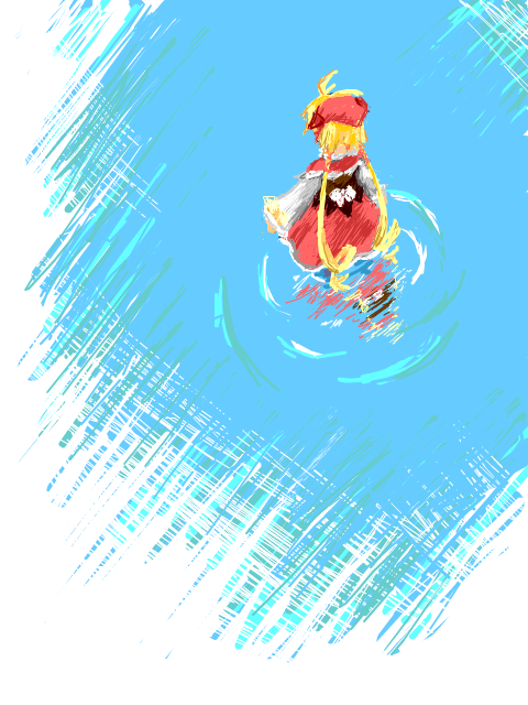 feria, polka (trusty bell), trusty bell, 1girl, ahoge, blonde hair, dress, female focus, from above, from behind, red dress, solo, twintails, walking, walking on liquid, water