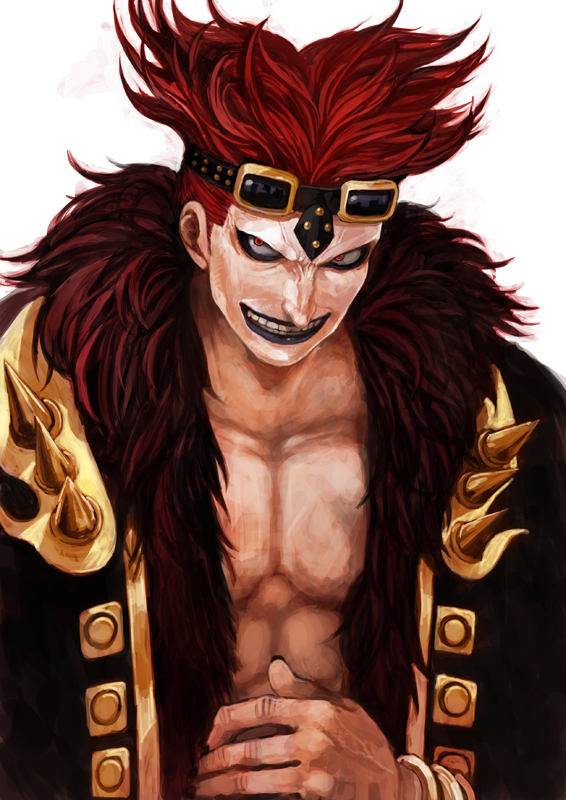 lack, eustass kid, one piece, fur, bad id, bad pixiv id, 1boy, angry, creepy, goggles, grin, horror (theme), male focus, muscular, open clothes, open shirt, realistic, red hair, shirt, smile, solo