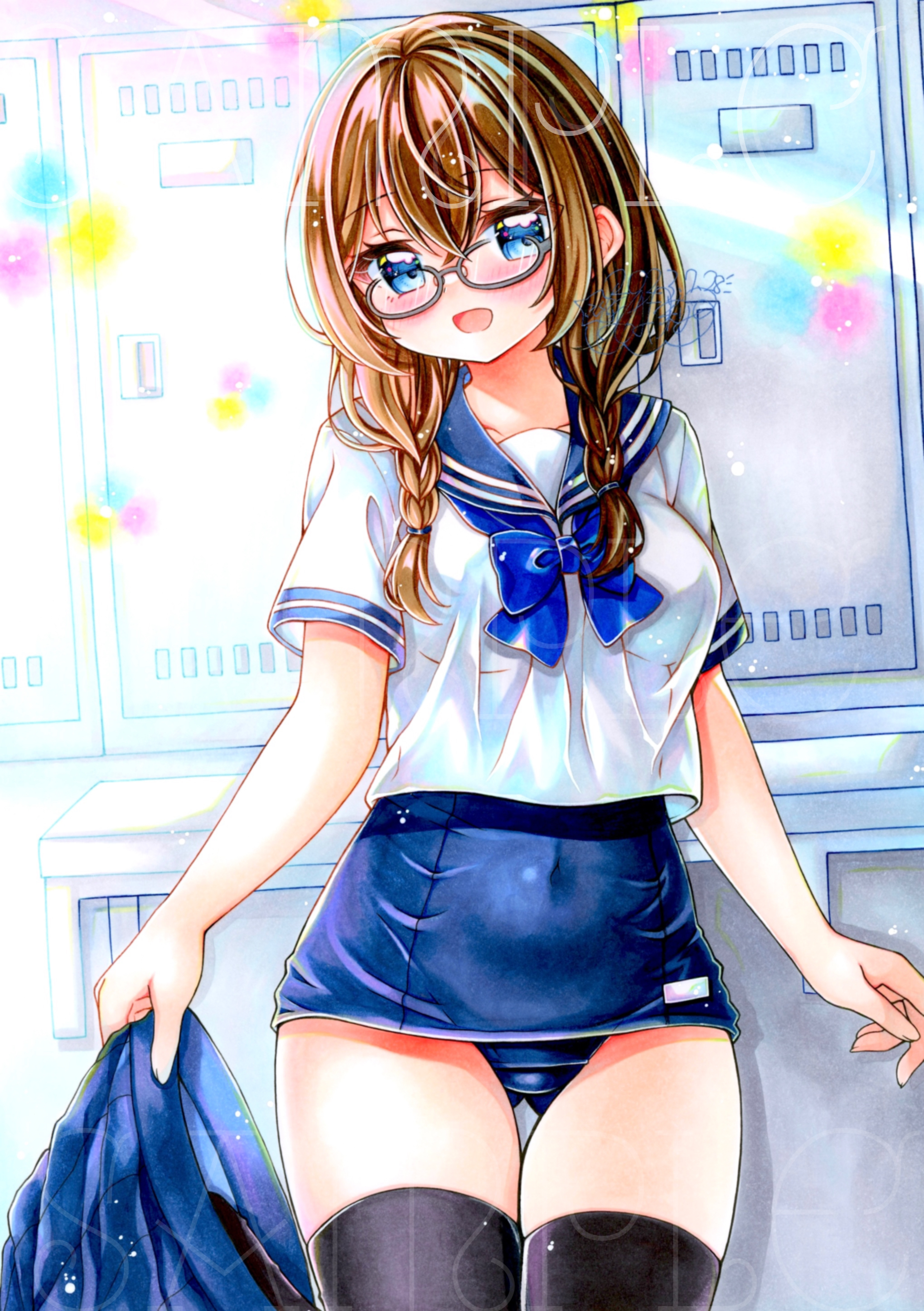 hoshinaruri0, original, absurdres, commentary request, highres, marker (medium), traditional media, 1girl, blue bow, blue bowtie, blue eyes, blue one-piece swimsuit, blue sailor collar, bow, bowtie, braid, breasts, brown hair, covered navel, cowboy shot, crop top, cropped shirt, double-parted bangs, glasses, grey-framed eyewear, hair between eyes, hair over shoulder, indoors, locker, locker room, long bangs, long hair, low-braided long hair, low-tied long hair, one-piece swimsuit, open mouth, round eyewear, sailor, sailor collar, school uniform, serasuku, shirt, short sleeves, smile, solo, standing, swimsuit, swimsuit under clothes, twin braids, watermark, white shirt