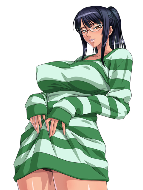 kagami hirotaka, nico robin, one piece, one piece: strong world, 1girl, alternate hairstyle, bespectacled, black hair, black panties, blush, breasts, brown eyes, covered erect nipples, dress, female focus, glasses, green shirt, grin, hands on own stomach, high ponytail, huge breasts, long hair, long sleeves, looking at viewer, naughty face, no panties, official alternate costume, orange eyes, oversized clothes, panties, pantyshot, ponytail, rimless eyewear, seductive smile, shirt, sidelocks, simple background, sleeves past wrists, smile, solo, standing, striped clothes, striped dress, striped sweater, sweater, sweater dress, tan, thick thighs, thighs, underwear, upskirt, white background