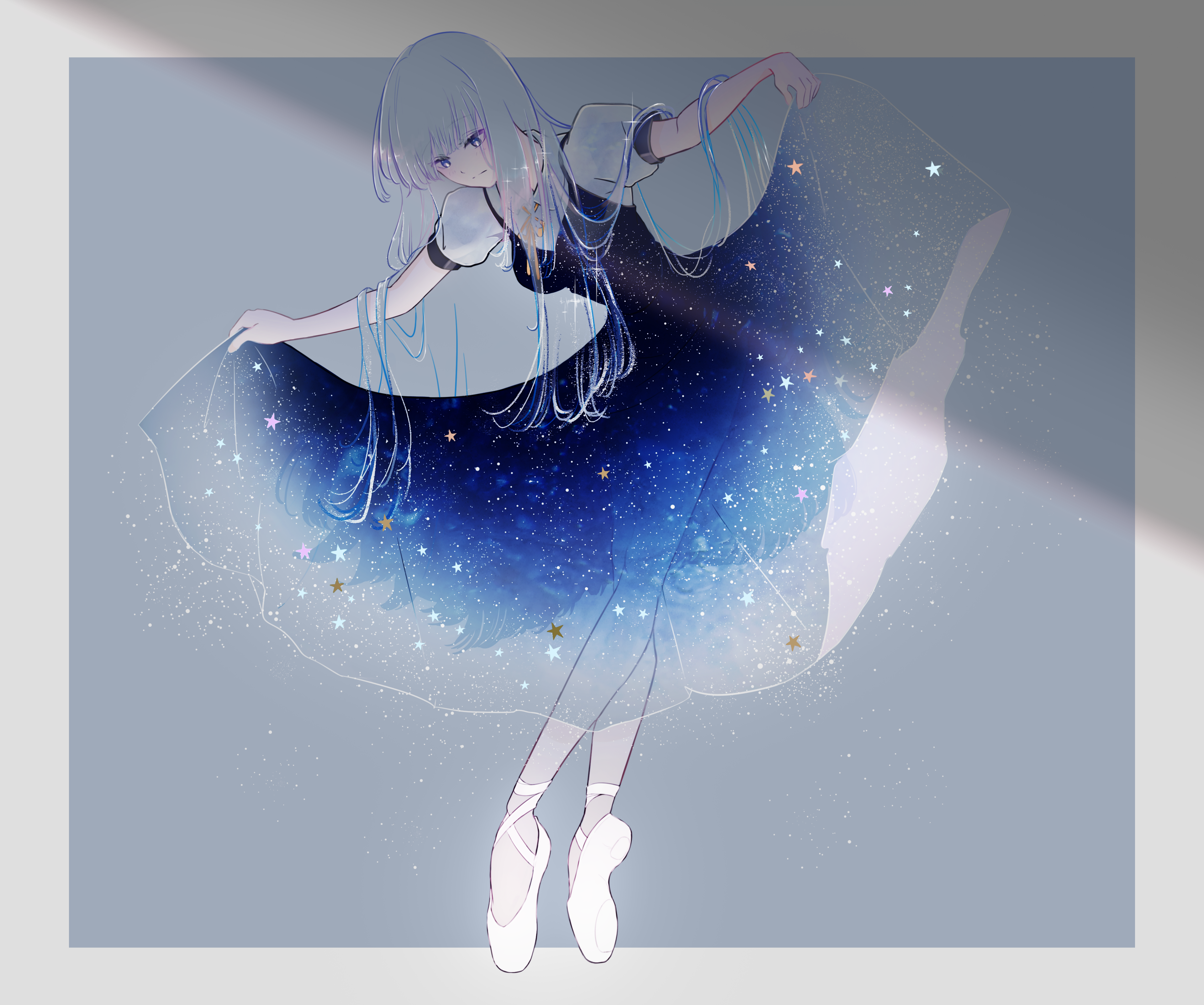 sabaumako, original, absurdres, commentary request, highres, 1girl, ballet slippers, blue background, blue eyes, border, collared dress, curtsey, dress, en pointe, full body, long hair, neck ribbon, ribbon, see-through clothes, see-through dress, skirt hold, solo, star (symbol), starry sky print, translucent hair, white border