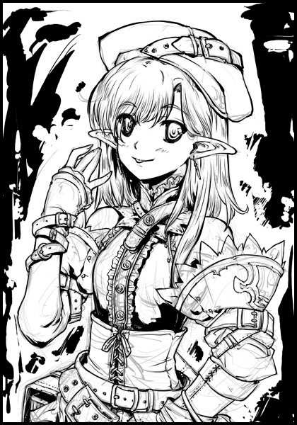 tokiame, original, tagme, fantasy, greyscale, hat, monochrome, pointy ears, solo
