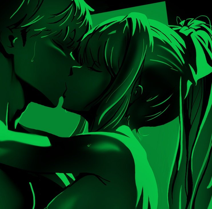 jason viera, monika (doki doki literature club), protagonist (doki doki literature club), doki doki literature club, foreplay, commentary, english commentary, 1boy, 1girl, arm around back, breasts, close-up, closed eyes, completely nude, dark, eyelashes, french kiss, from side, green light, green theme, hetero, high contrast, high ponytail, hug, kiss, long hair, loose hair strand, medium breasts, monochrome, nipples, nude, ponytail, shiny skin, sidelighting, sidelocks, sweat