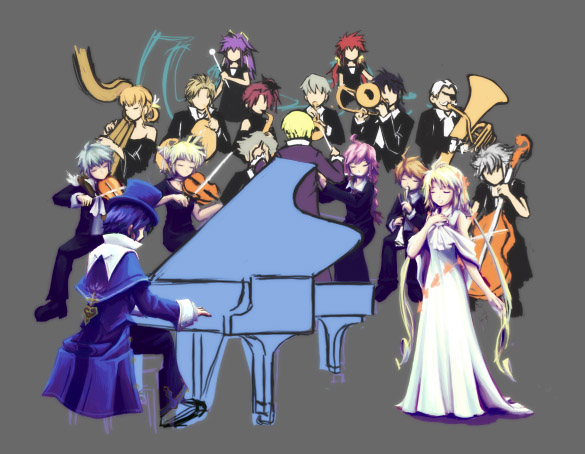 feria, allegretto, beat, beat (trusty bell), claves, count waltz, crescendo (trusty bell), falsetto, frederic chopin (trusty bell), fugue (trusty bell), jitterbug (trusty bell), march (trusty bell), polka (trusty bell), rondo (trusty bell), salsa, salsa (trusty bell), serenade (trusty bell), viola, trusty bell, 6+boys, 6+girls, cello, conductor, conductor baton, dress, everyone, grand piano, harp, instrument, multiple boys, multiple girls, music, orchestra, piano, piano bench, singing, trombone, trumpet, tuba, violin