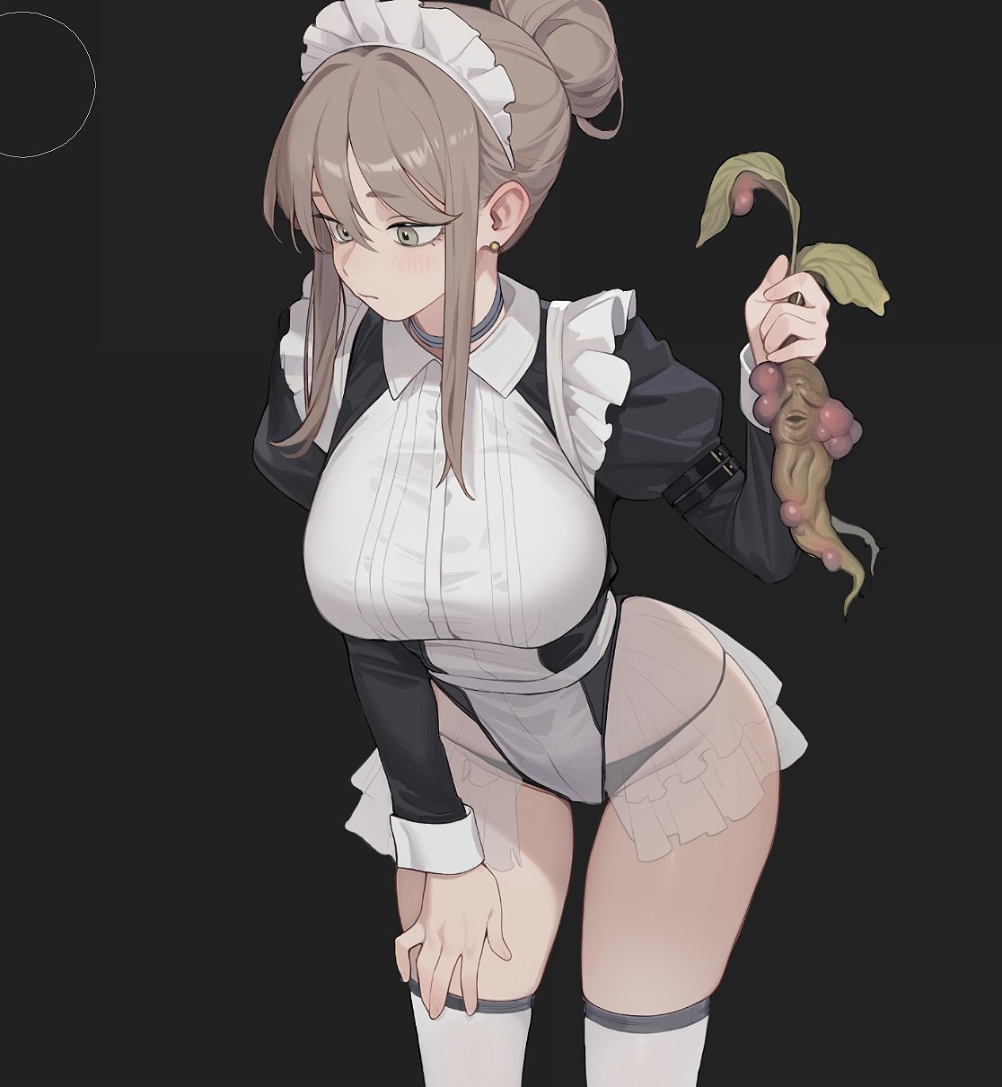original, highres, 1girl, arm strap, black panties, breasts, brown hair, choker, closed mouth, collared shirt, earrings, frills, grey choker, grey eyes, hair bun, hand on own thigh, highleg, highleg leotard, jaejae, jewelry, juliet sleeves, large breasts, leaf, leaning forward, leotard, long sleeves, maid, maid headdress, mandrake, panties, puffy sleeves, see-through clothes, shirt, sidelocks, solo, stud earrings, thighhighs, underwear, wrist cuffs