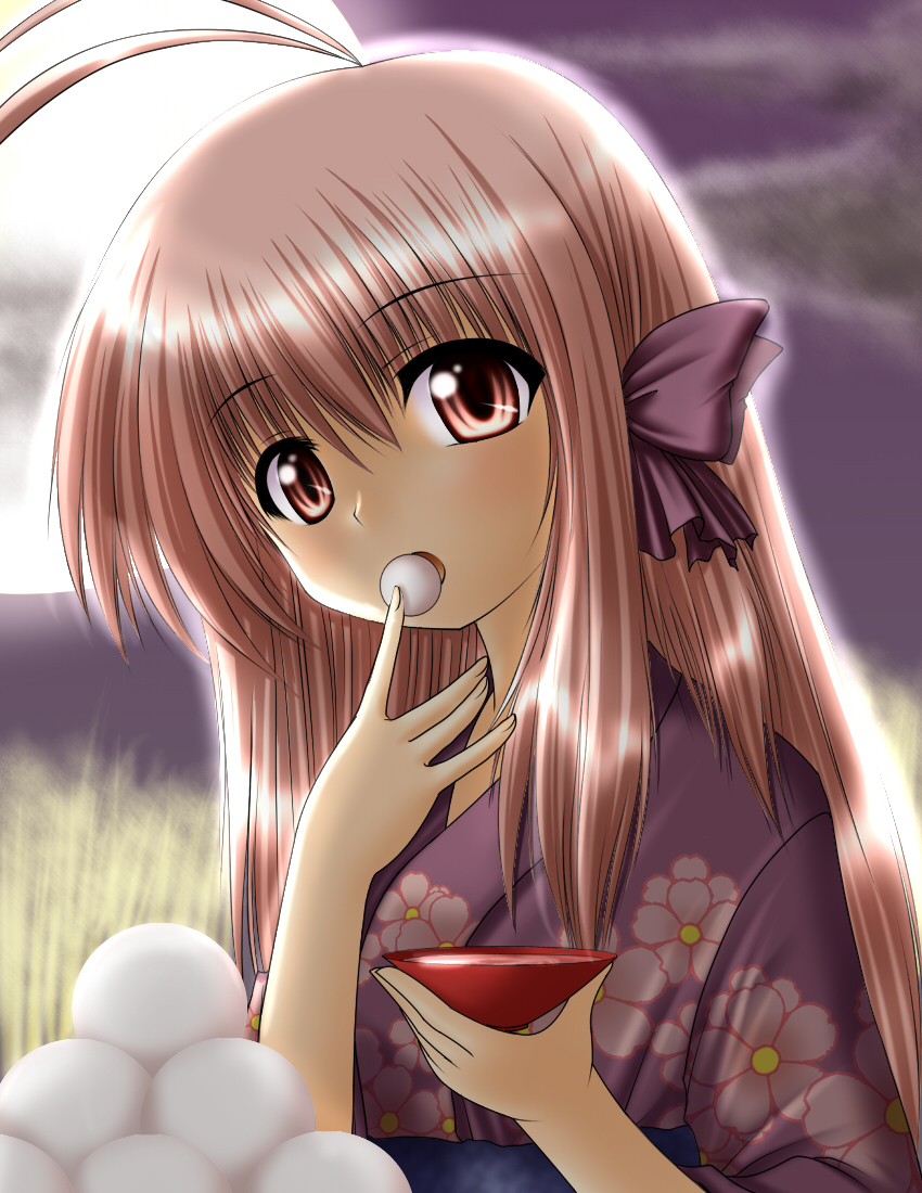 kagura chitose, original, commentary request, 1boy, antenna hair, backlighting, bow, brown eyes, brown hair, cup, dango, eating, food, full moon, hair bow, japanese clothes, kimono, long hair, looking at viewer, male focus, moon, night, night sky, open mouth, outdoors, sakazuki, sky, solo, trap, tsukimi, tsukimi dango, wagashi