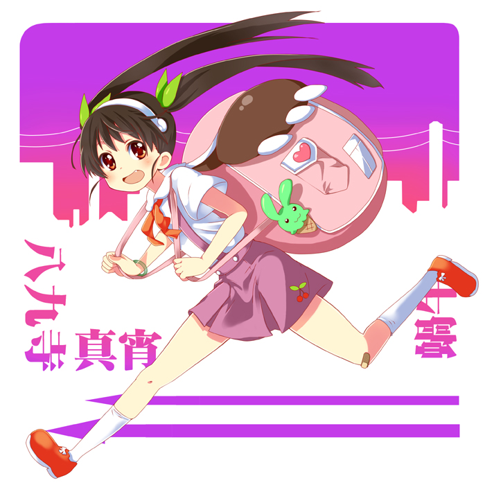 mitsuki meia, hachikuji mayoi, bakemonogatari, monogatari (series), 00s, 1girl, backpack, bag, bandaid, bandaid on knee, bandaid on leg, black hair, brown eyes, female focus, from side, full body, long hair, randoseru, running, skirt, solo, twintails