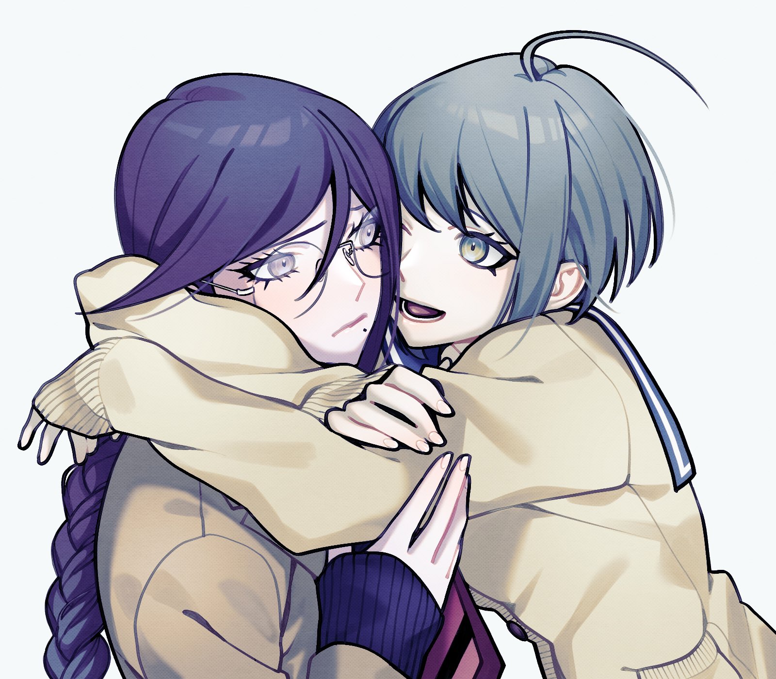 ling yun (amadare0803), fukawa toko, naegi komaru, danganronpa (series), danganronpa another episode: ultra despair girls, commentary request, highres, 2girls, ahoge, alternate costume, blue sailor collar, blush, braid, closed mouth, eyelashes, fingernails, glasses, hug, long hair, long sleeves, lower teeth only, mole, mole under mouth, multiple girls, open mouth, purple eyes, purple hair, round eyewear, sailor collar, short hair, simple background, smile, teeth, white background