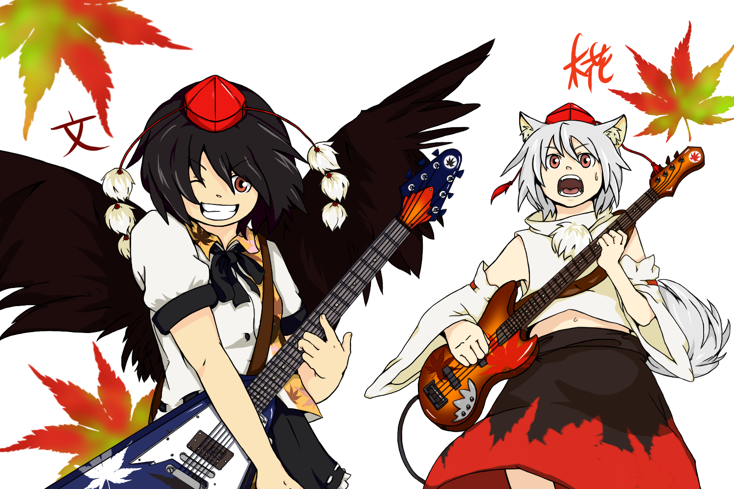 shikushiku (amamori weekly), inubashiri momiji, shameimaru aya, touhou, silver hair, bad id, bad pixiv id, 2girls, animal ears, black hair, black wings, detached sleeves, electric guitar, female focus, gibson flying v, grin, guitar, hat, instrument, multiple girls, red eyes, short hair, smile, tail, tokin hat, wings, wolf ears, wolf tail