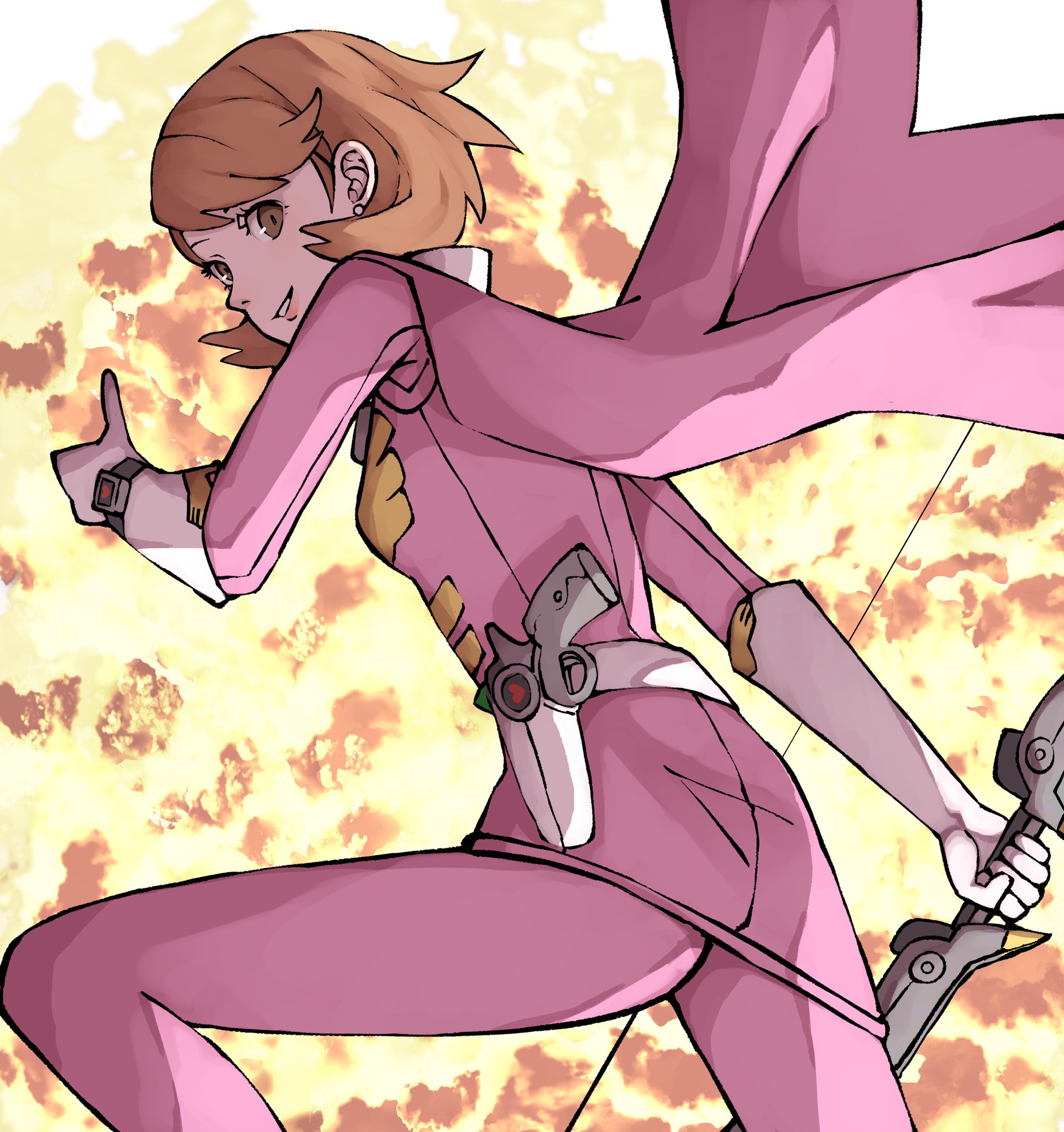tbjj1208, takeba yukari, persona, persona 3, persona 4: the ultimate in mayonaka arena, persona 4: the ultimax ultra suplex hold, tokusatsu, highres, 1girl, belt, bodysuit, bow (weapon), bracelet, breasts, brown eyes, brown hair, cape, earrings, explosion, explosion background, feet out of frame, fire, flipped hair, from side, gloves, gun, holding, holding bow (weapon), holding weapon, jewelry, long sleeves, looking at viewer, looking to the side, official alternate costume, pants, parted lips, pink bodysuit, pink cape, pink pants, pink skirt, short hair, skirt, solo, stud earrings, thumbs up, weapon, white belt, white gloves