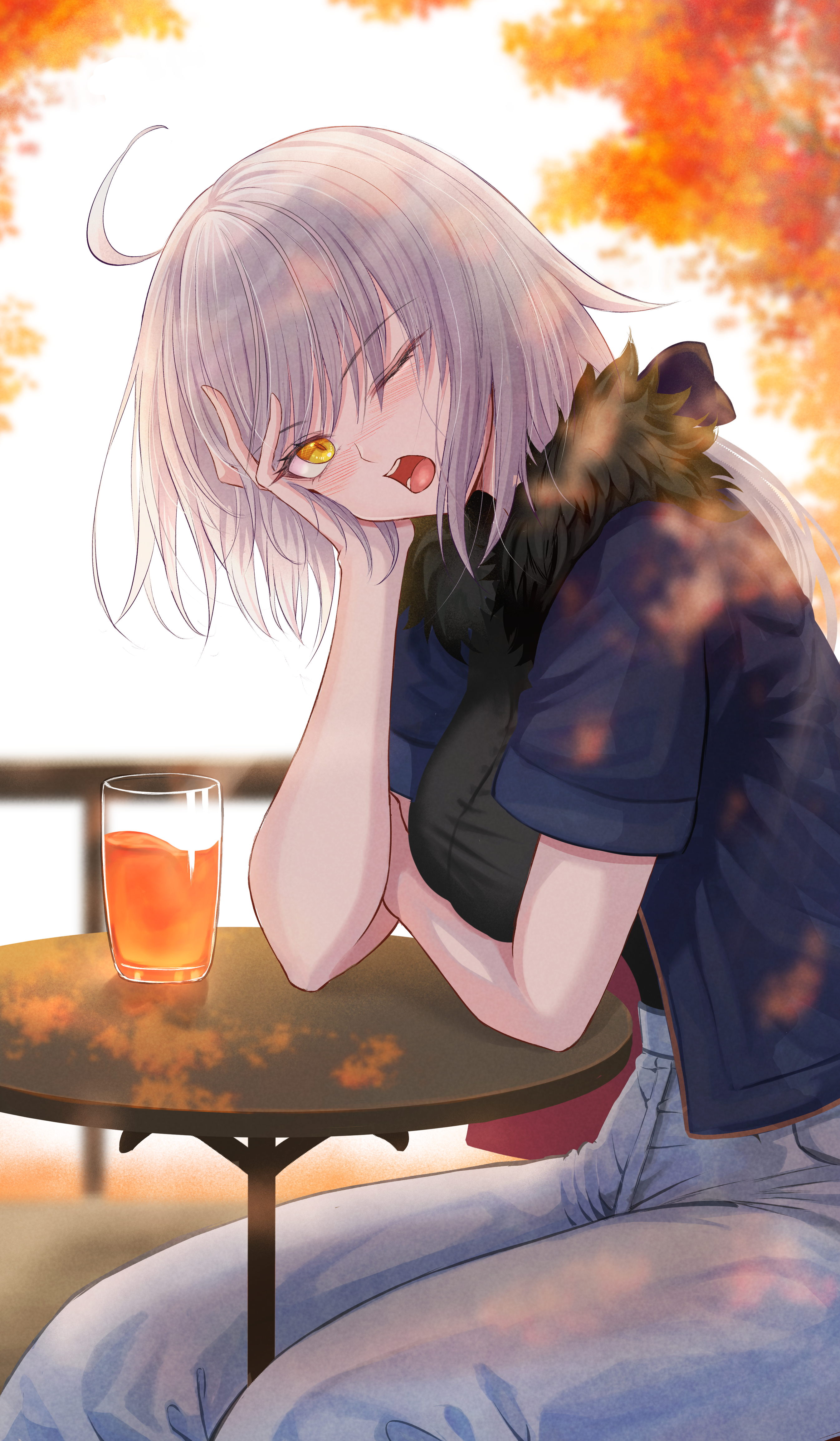 penguintake, jeanne d'arc alter (fate), fate/grand order, fate (series), absurdres, commentary request, highres, 1girl, ahoge, arm rest, autumn, backlighting, black shirt, blue jacket, blush, breasts, cup, day, drink, from side, fur collar, grey hair, jacket, large breasts, long hair, looking at viewer, looking to the side, one eye closed, open clothes, open jacket, outdoors, pants, shirt, short sleeves, sitting, solo, table, white pants, yellow eyes