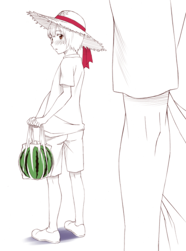 sawa jaaji, nitori shuuichi, hourou musuko, bad id, bad pixiv id, gender request, androgynous, bag, blush, crossdressing, food, fruit, monochrome, short hair, spot color, trap, watermelon