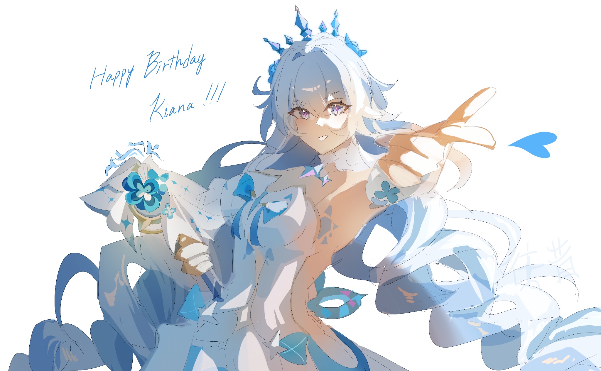 kiana kaslana, kiana kaslana (ba-dum! fiery wishing star), kiana kaslana (wintery wishes), honkai (series), honkai impact 3rd, commentary request, highres, 1girl, blue eyes, breasts, diamond-shaped pupils, diamond (shape), dress, fiasco 2, finger gun, happy, holding, large breasts, long hair, looking at viewer, official alternate costume, sideless dress, simple background, smile, solo, symbol-shaped pupils, tiara, very long hair, white background, white dress