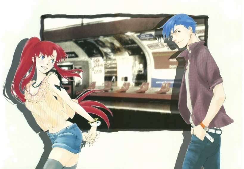 hayashi akemi, kamina (ttgl), yoko littner, tengen toppa gurren lagann, official art, 00s, 1boy, 1girl, blue hair, couple, frills, hetero, jewelry, long hair, red hair, shorts, tattoo, thighhighs