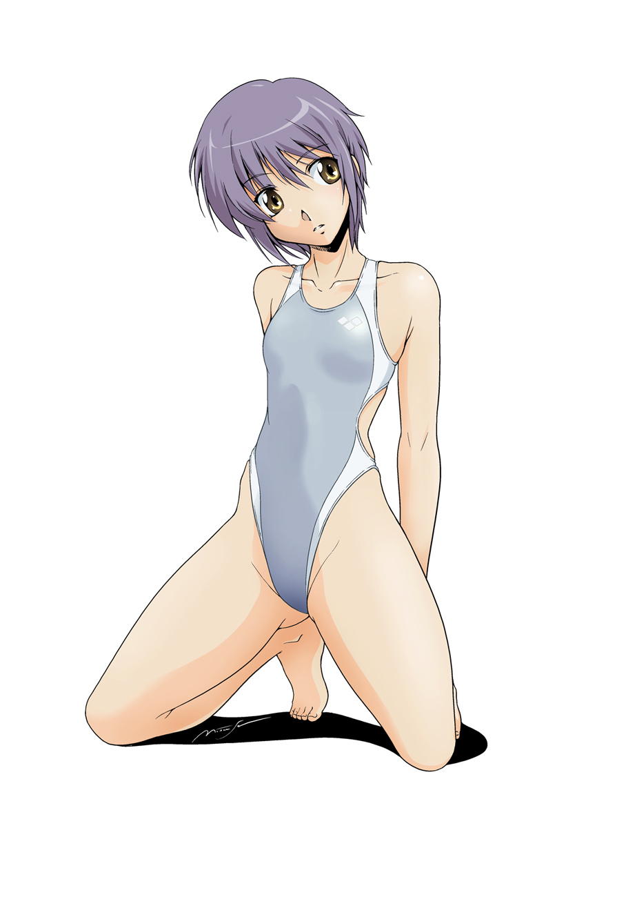 onaya masakazu, nagato yuki, suzumiya haruhi no yuuutsu, highres, 00s, barefoot, brown eyes, competition swimsuit, flat chest, grey hair, highleg, highleg one-piece swimsuit, kneeling, one-piece swimsuit, short hair, solo, swimsuit