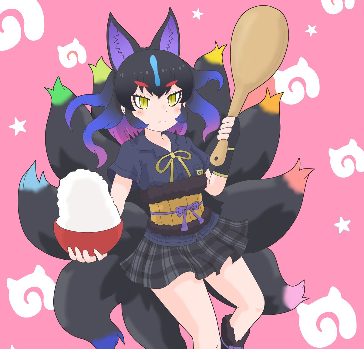 tomoegatadouki, kemono friends, kemono friends 3, commentary request, 1girl, animal ears, belt, black fur, black gloves, black hair, black shirt, black skirt, blue hair, blush, bow, bowl, bowtie, brown belt, collared shirt, cowboy shot, extra ears, fingerless gloves, fox ears, fox girl, fox tail, frown, fur trim, gloves, hair between eyes, japari symbol, kyubikori (kemono friends), multicolored hair, multiple tails, pleated skirt, purple background, purple hair, rice bowl, shirt, short hair, short sleeves, sidelocks, skirt, slit pupils, solo, t-shirt, tail, yellow bow, yellow bowtie, yellow eyes